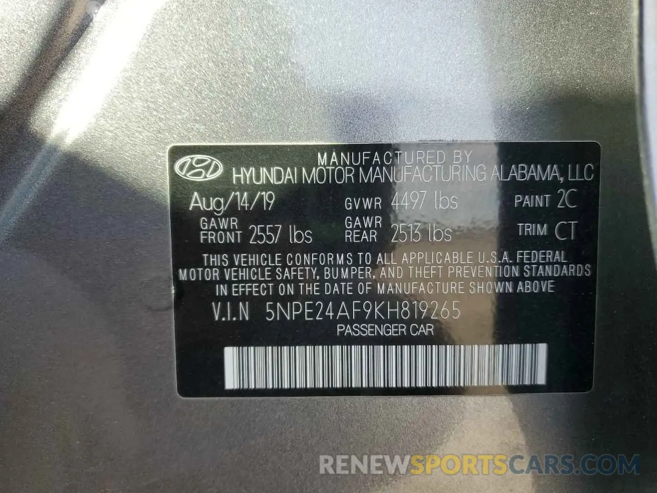 12 Photograph of a damaged car 5NPE24AF9KH819265 HYUNDAI SONATA 2019