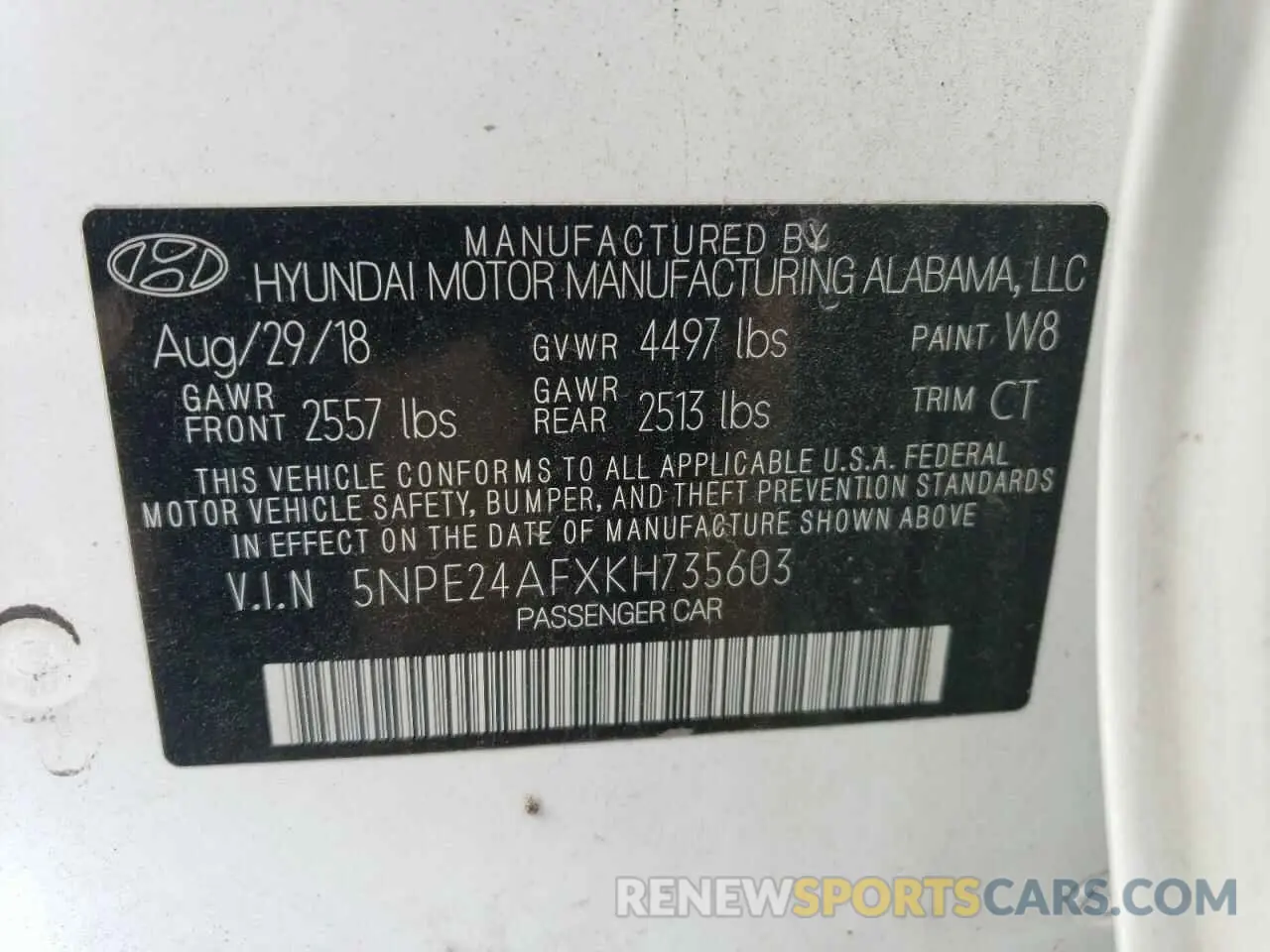 12 Фотография поврежденного автомобиля 5NPE24AFXKH735603 HYUNDAI SONATA 2019