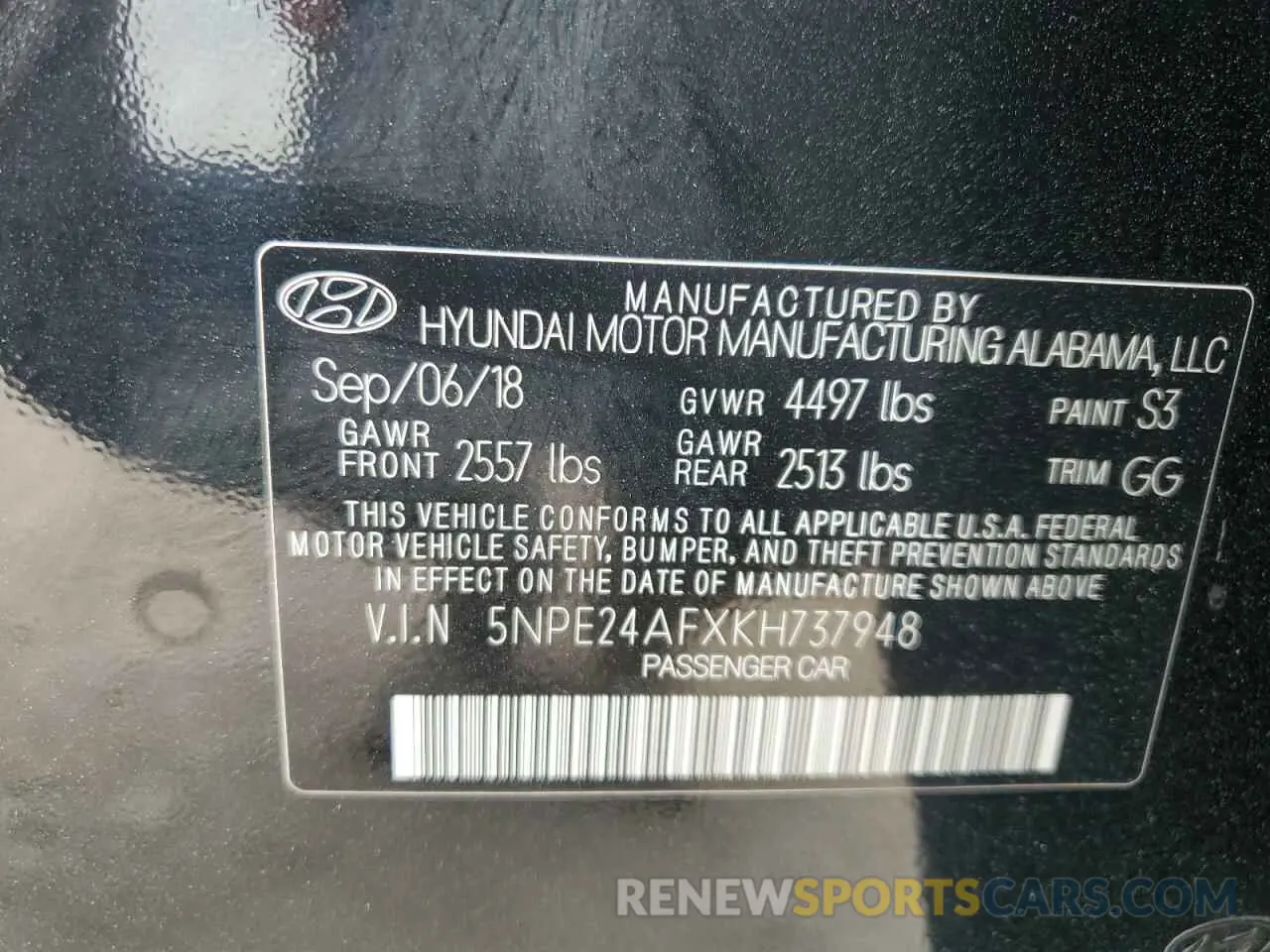 12 Photograph of a damaged car 5NPE24AFXKH737948 HYUNDAI SONATA 2019