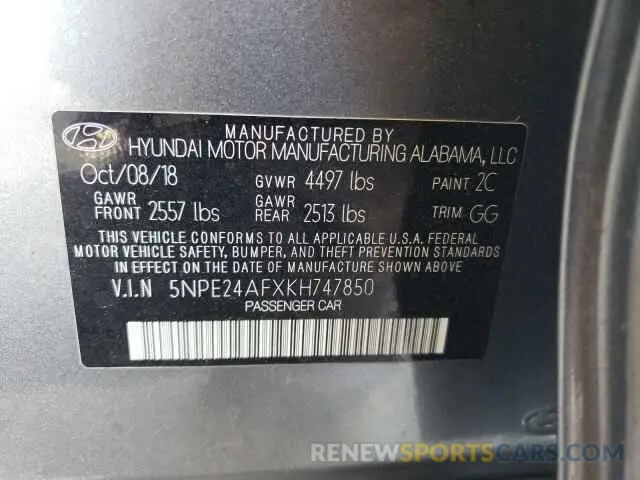 12 Photograph of a damaged car 5NPE24AFXKH747850 HYUNDAI SONATA 2019