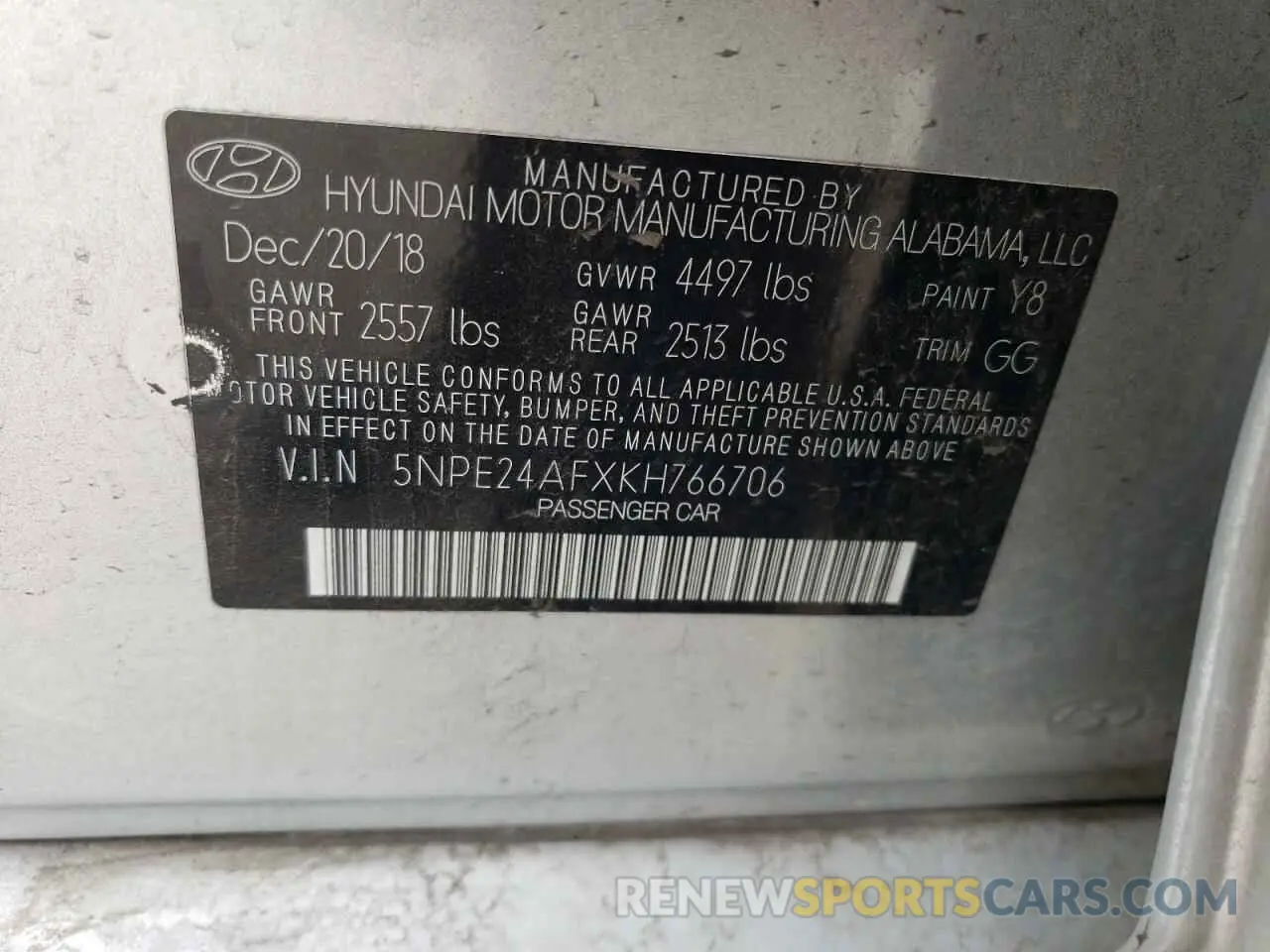 12 Photograph of a damaged car 5NPE24AFXKH766706 HYUNDAI SONATA 2019