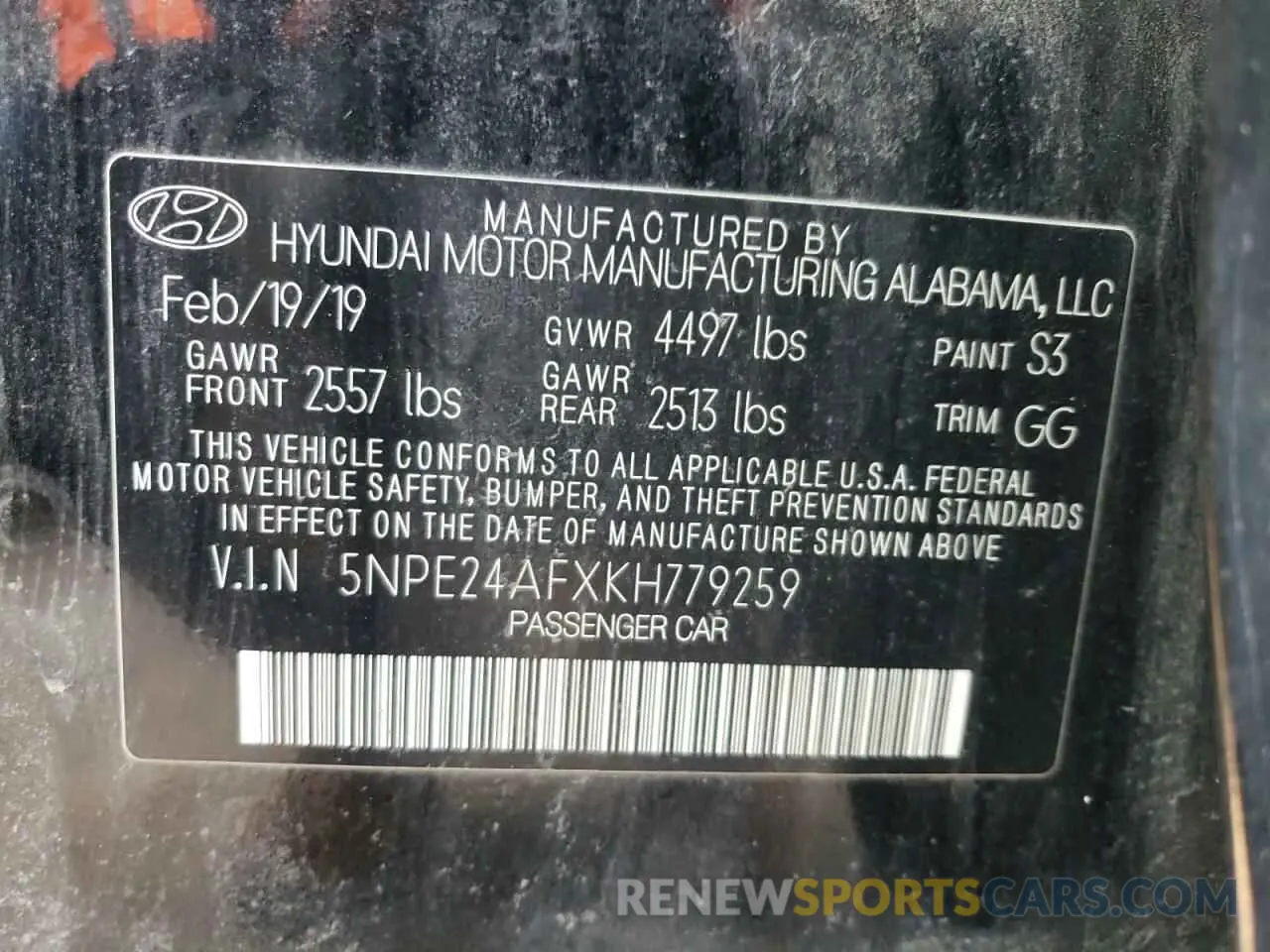 14 Photograph of a damaged car 5NPE24AFXKH779259 HYUNDAI SONATA 2019