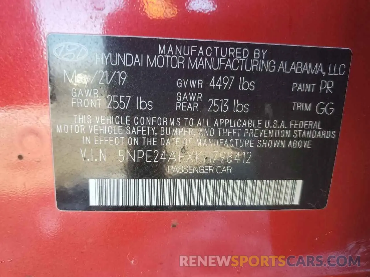 12 Photograph of a damaged car 5NPE24AFXKH798412 HYUNDAI SONATA 2019