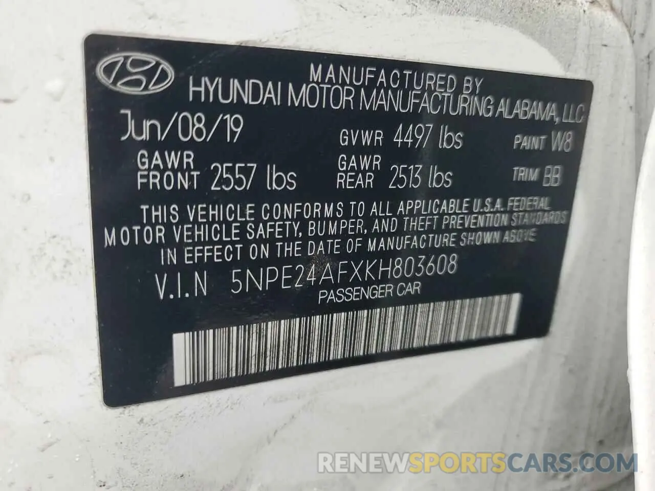 12 Фотография поврежденного автомобиля 5NPE24AFXKH803608 HYUNDAI SONATA 2019