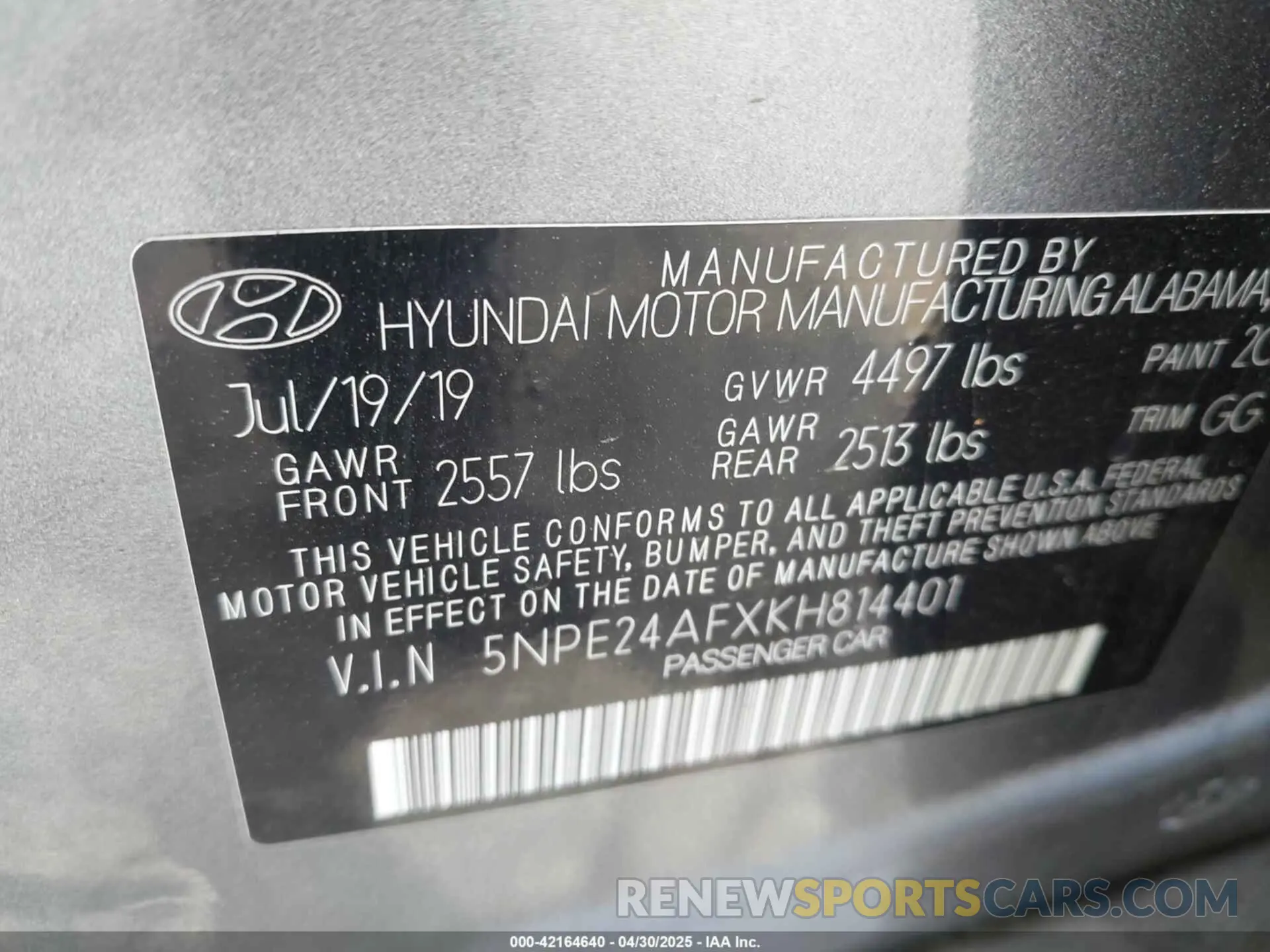 9 Фотография поврежденного автомобиля 5NPE24AFXKH814401 HYUNDAI SONATA 2019