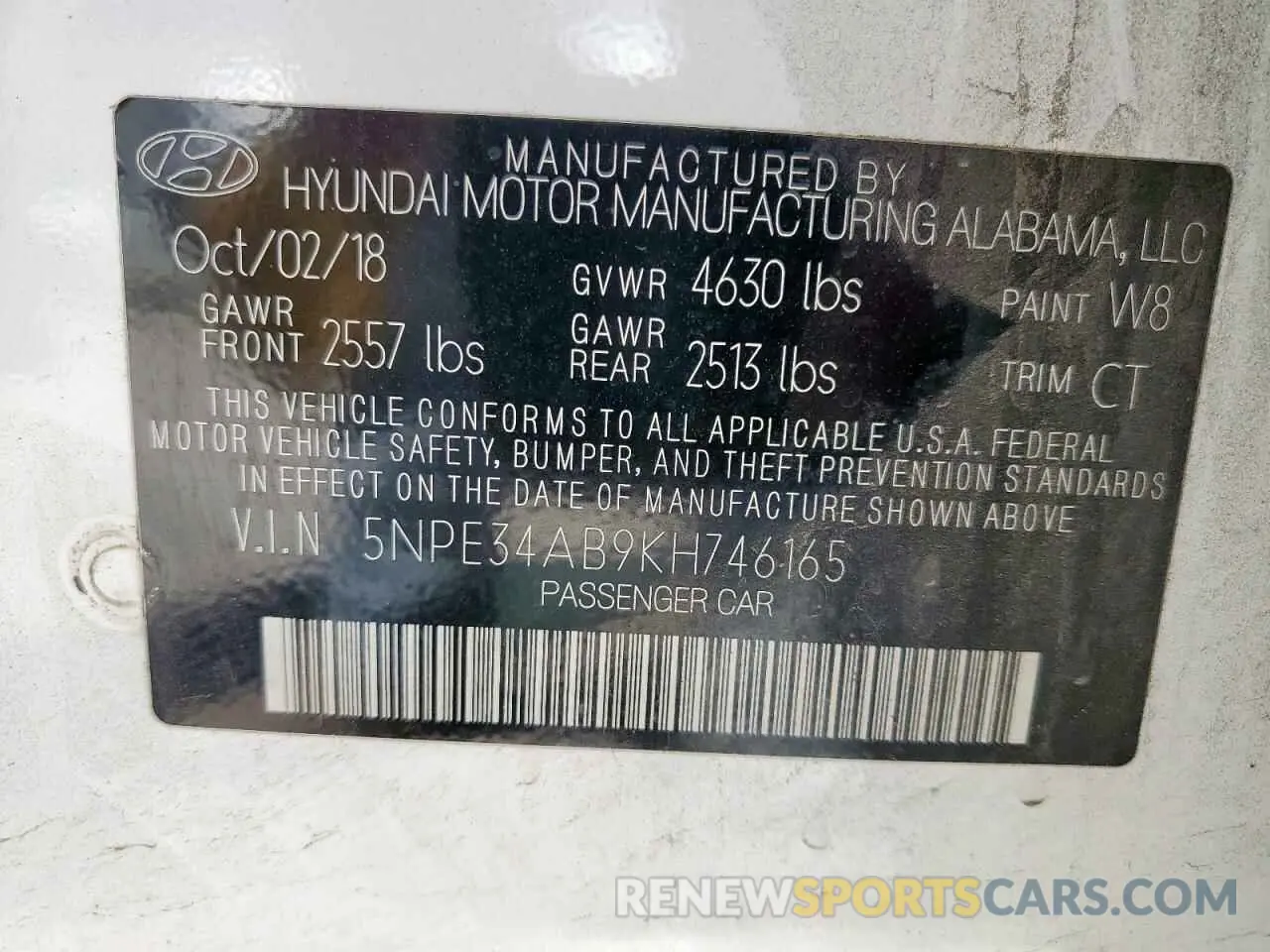 12 Photograph of a damaged car 5NPE34AB9KH746165 HYUNDAI SONATA 2019