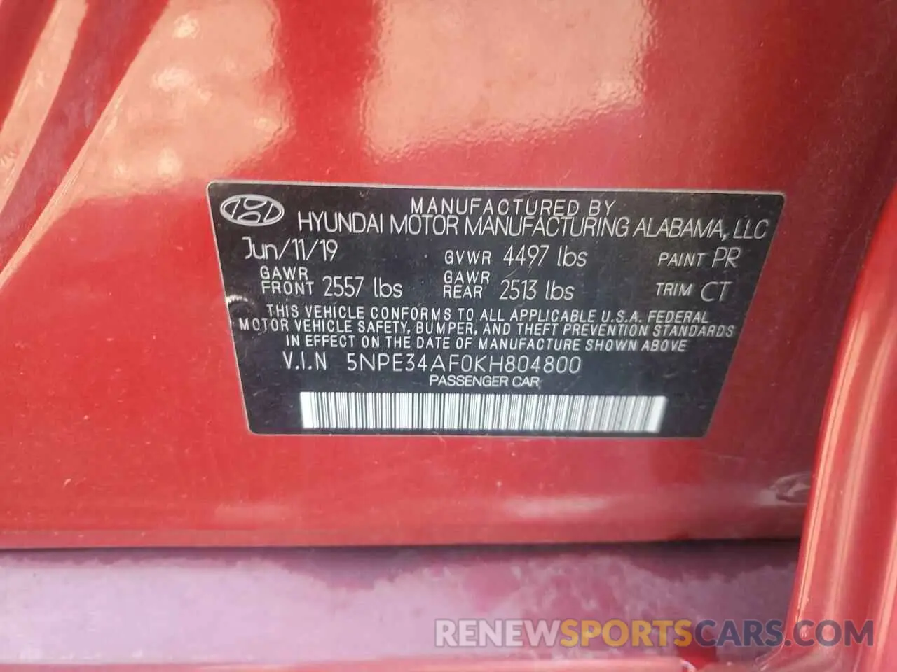 12 Фотография поврежденного автомобиля 5NPE34AF0KH804800 HYUNDAI SONATA 2019