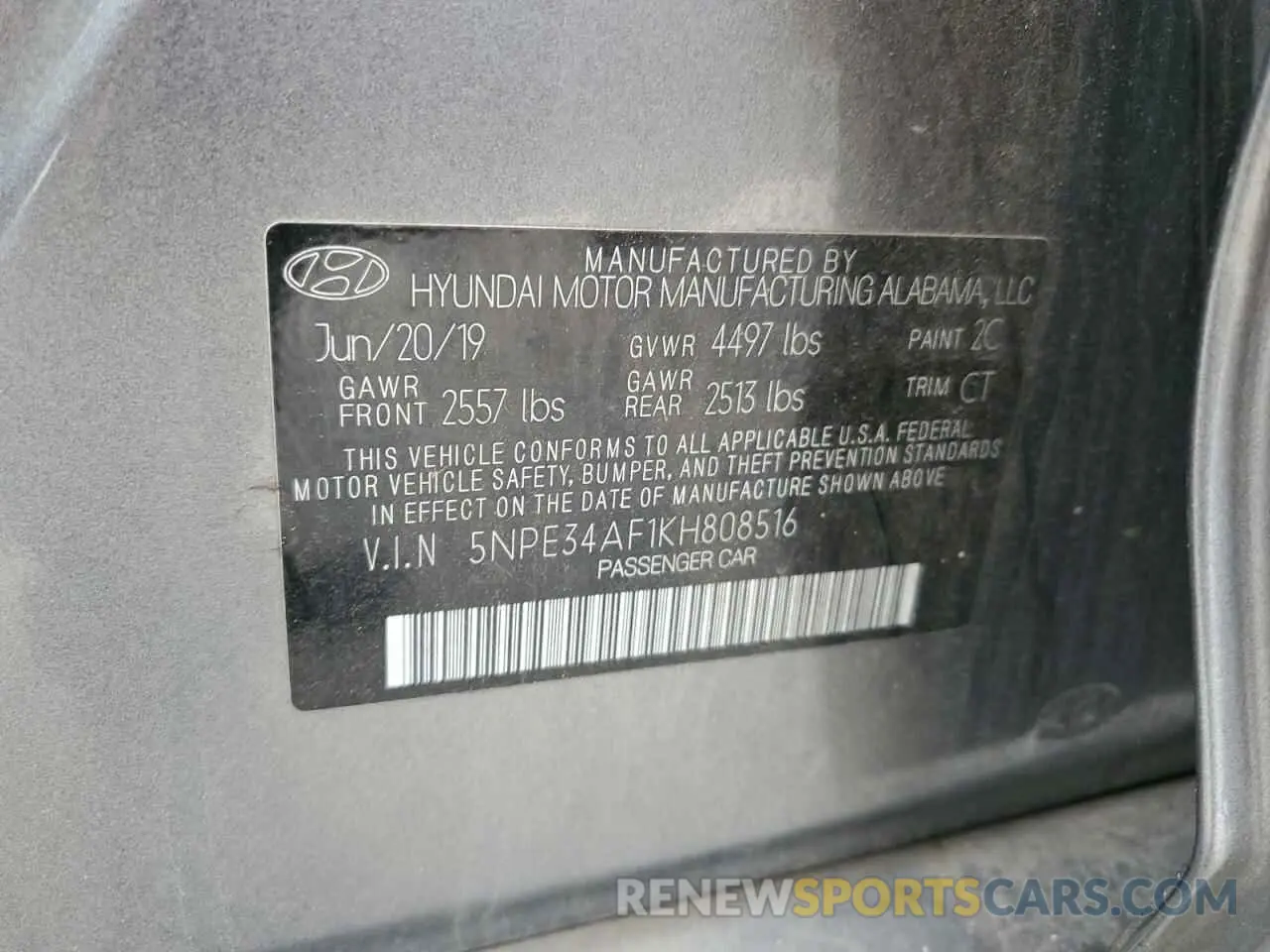 12 Photograph of a damaged car 5NPE34AF1KH808516 HYUNDAI SONATA 2019