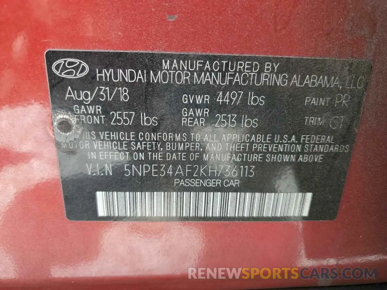 14 Фотография поврежденного автомобиля 5NPE34AF2KH736113 HYUNDAI SONATA 2019