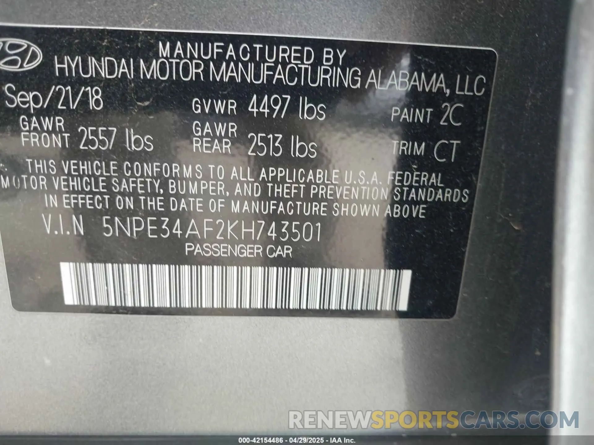 9 Фотография поврежденного автомобиля 5NPE34AF2KH743501 HYUNDAI SONATA 2019