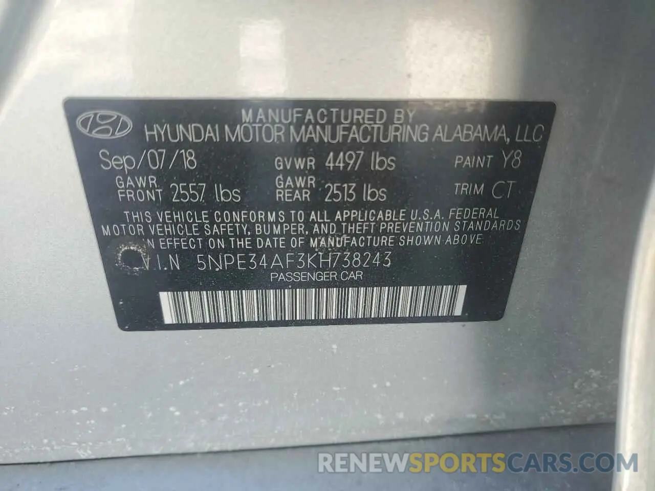 14 Photograph of a damaged car 5NPE34AF3KH738243 HYUNDAI SONATA 2019