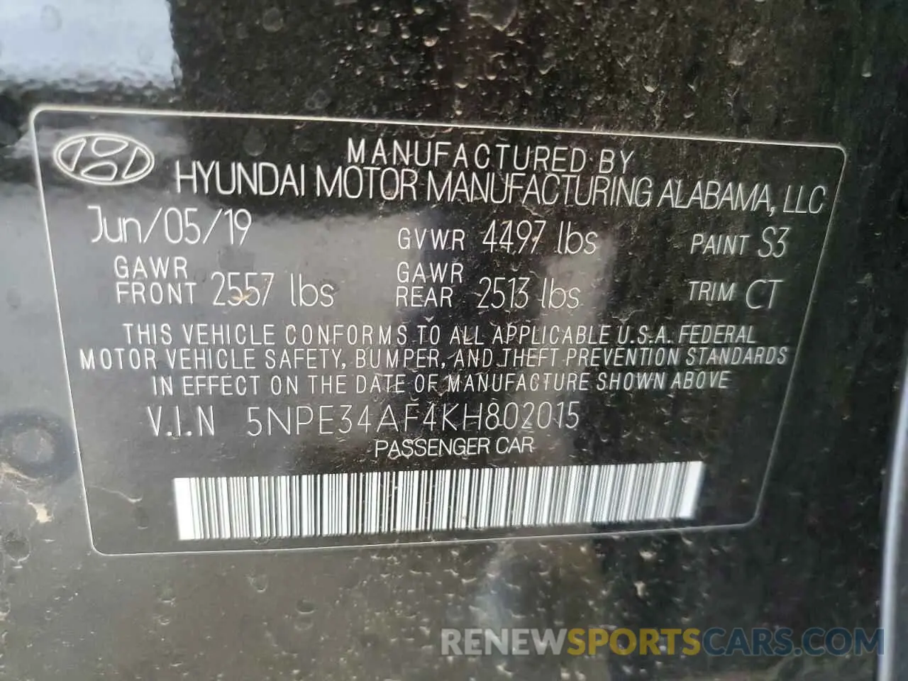 14 Photograph of a damaged car 5NPE34AF4KH802015 HYUNDAI SONATA 2019