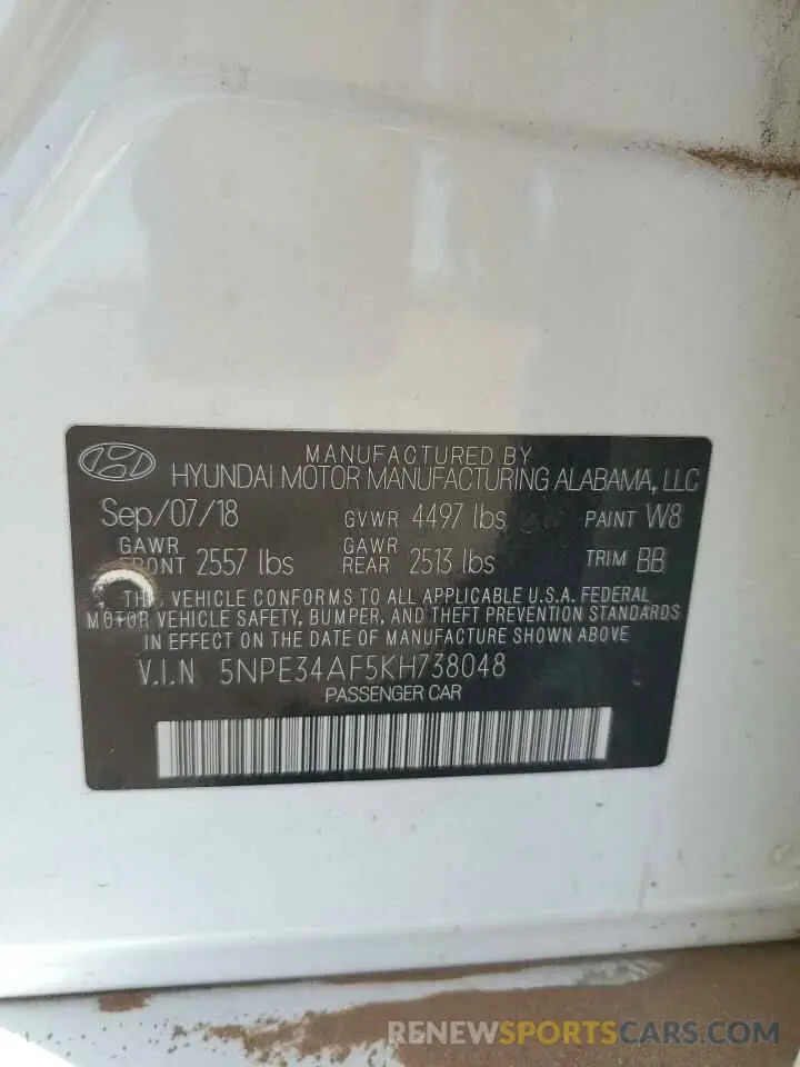 13 Photograph of a damaged car 5NPE34AF5KH738048 HYUNDAI SONATA 2019