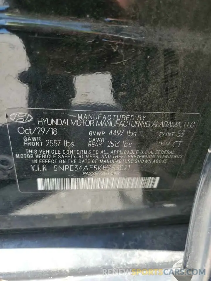 13 Photograph of a damaged car 5NPE34AF5KH753021 HYUNDAI SONATA 2019