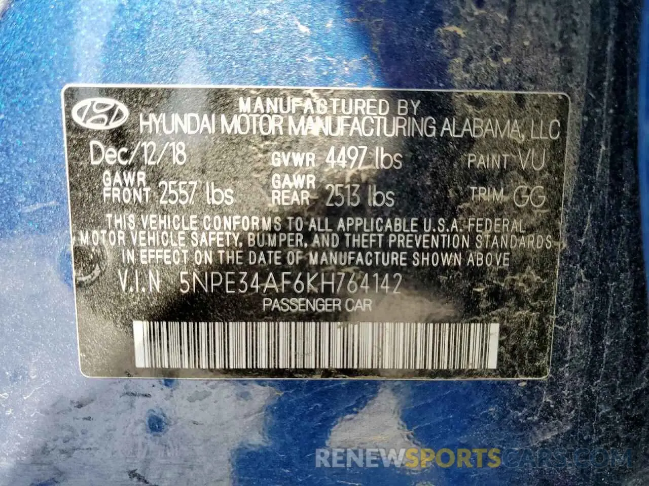 14 Photograph of a damaged car 5NPE34AF6KH764142 HYUNDAI SONATA 2019