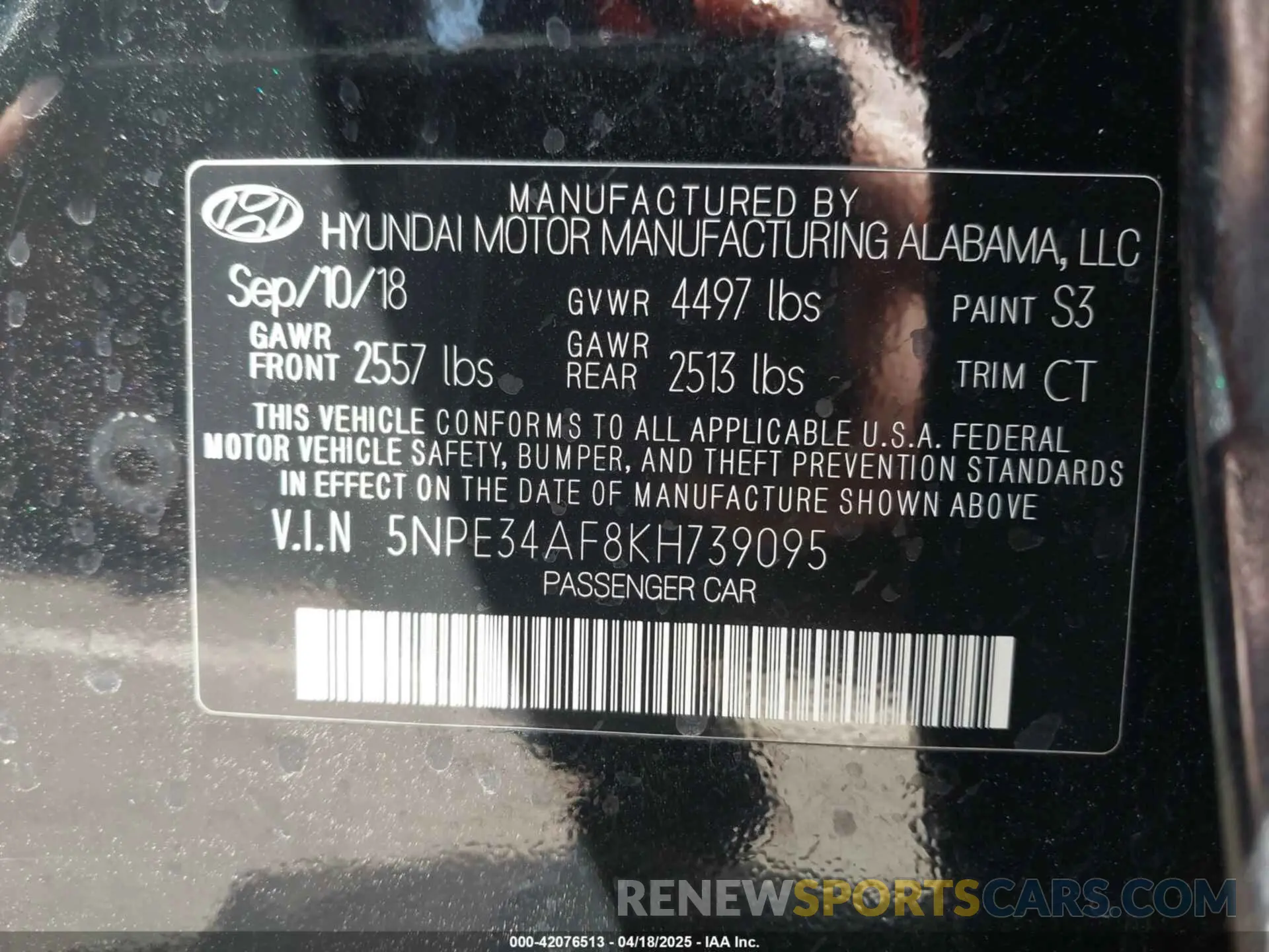 9 Фотография поврежденного автомобиля 5NPE34AF8KH739095 HYUNDAI SONATA 2019