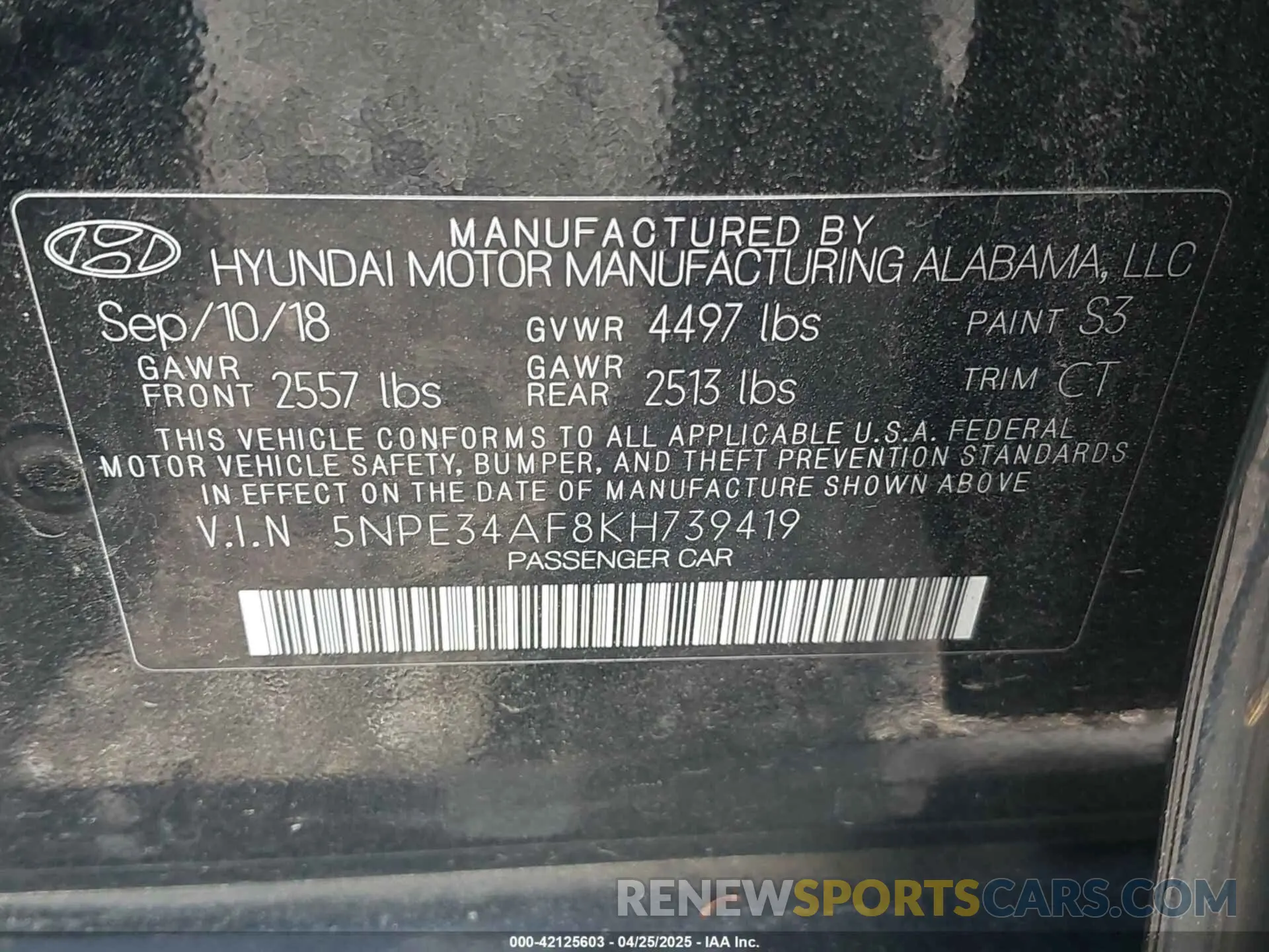 9 Photograph of a damaged car 5NPE34AF8KH739419 HYUNDAI SONATA 2019