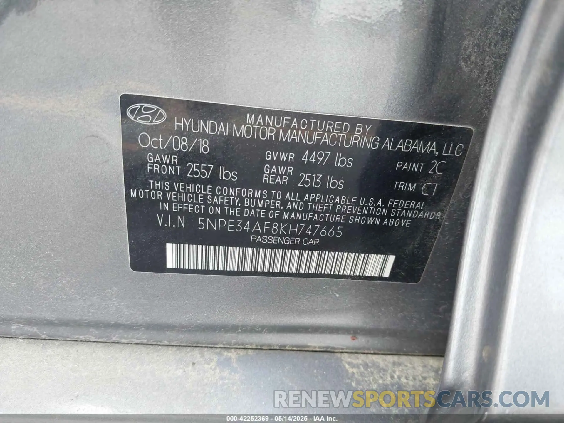 9 Фотография поврежденного автомобиля 5NPE34AF8KH747665 HYUNDAI SONATA 2019