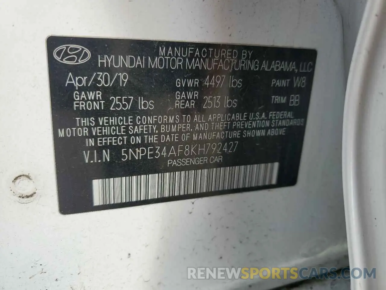 14 Photograph of a damaged car 5NPE34AF8KH792427 HYUNDAI SONATA 2019