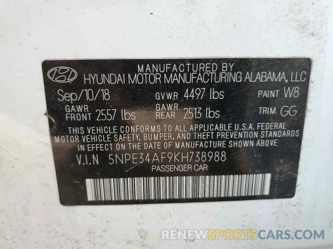 12 Photograph of a damaged car 5NPE34AF9KH738988 HYUNDAI SONATA 2019