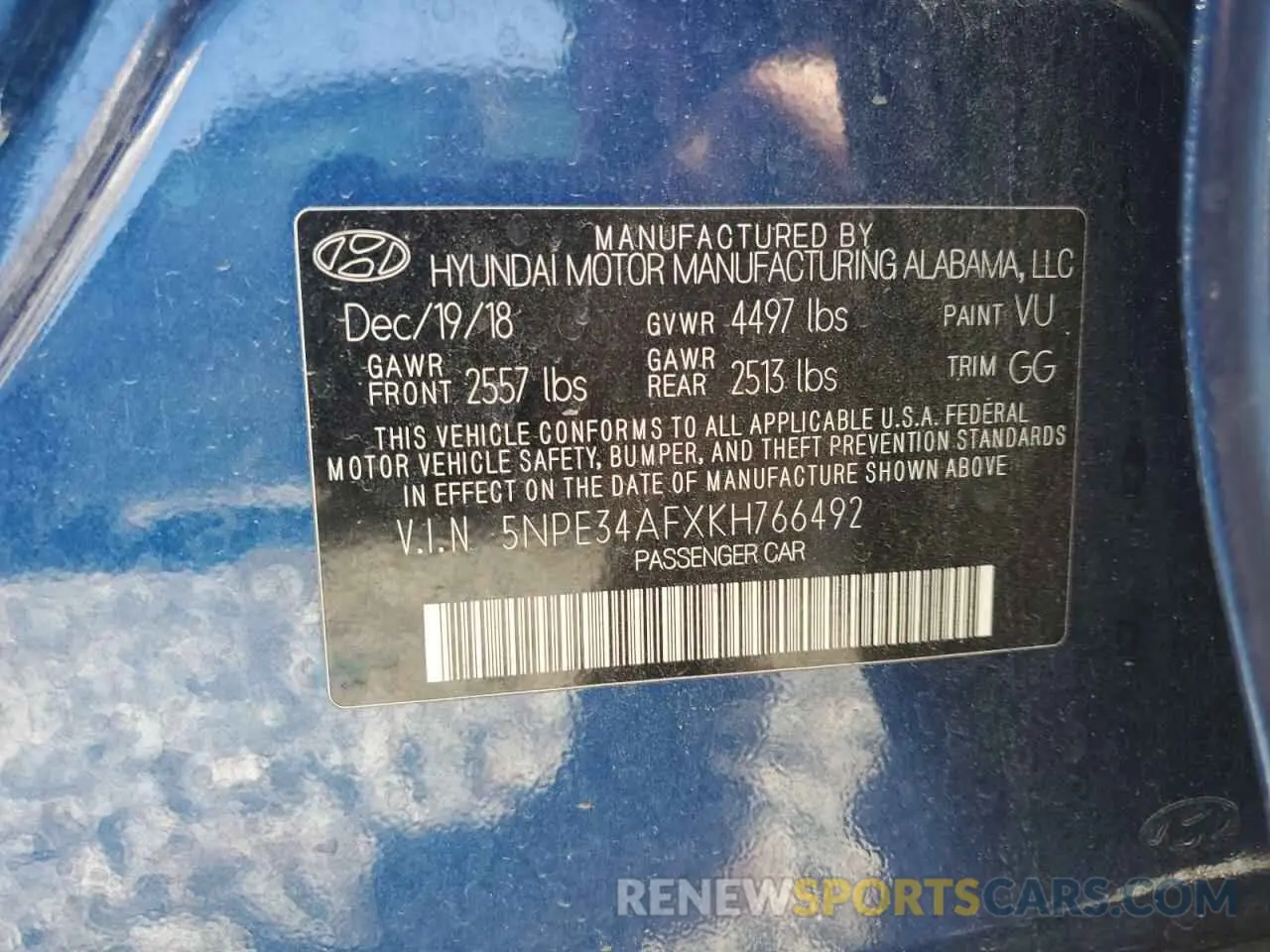 12 Photograph of a damaged car 5NPE34AFXKH766492 HYUNDAI SONATA 2019