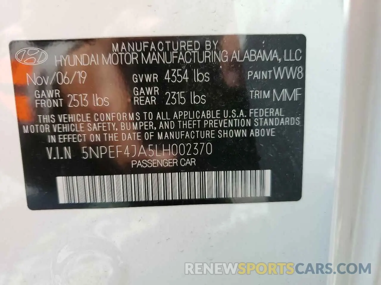 13 Photograph of a damaged car 5NPEF4JA5LH002370 HYUNDAI SONATA 2020