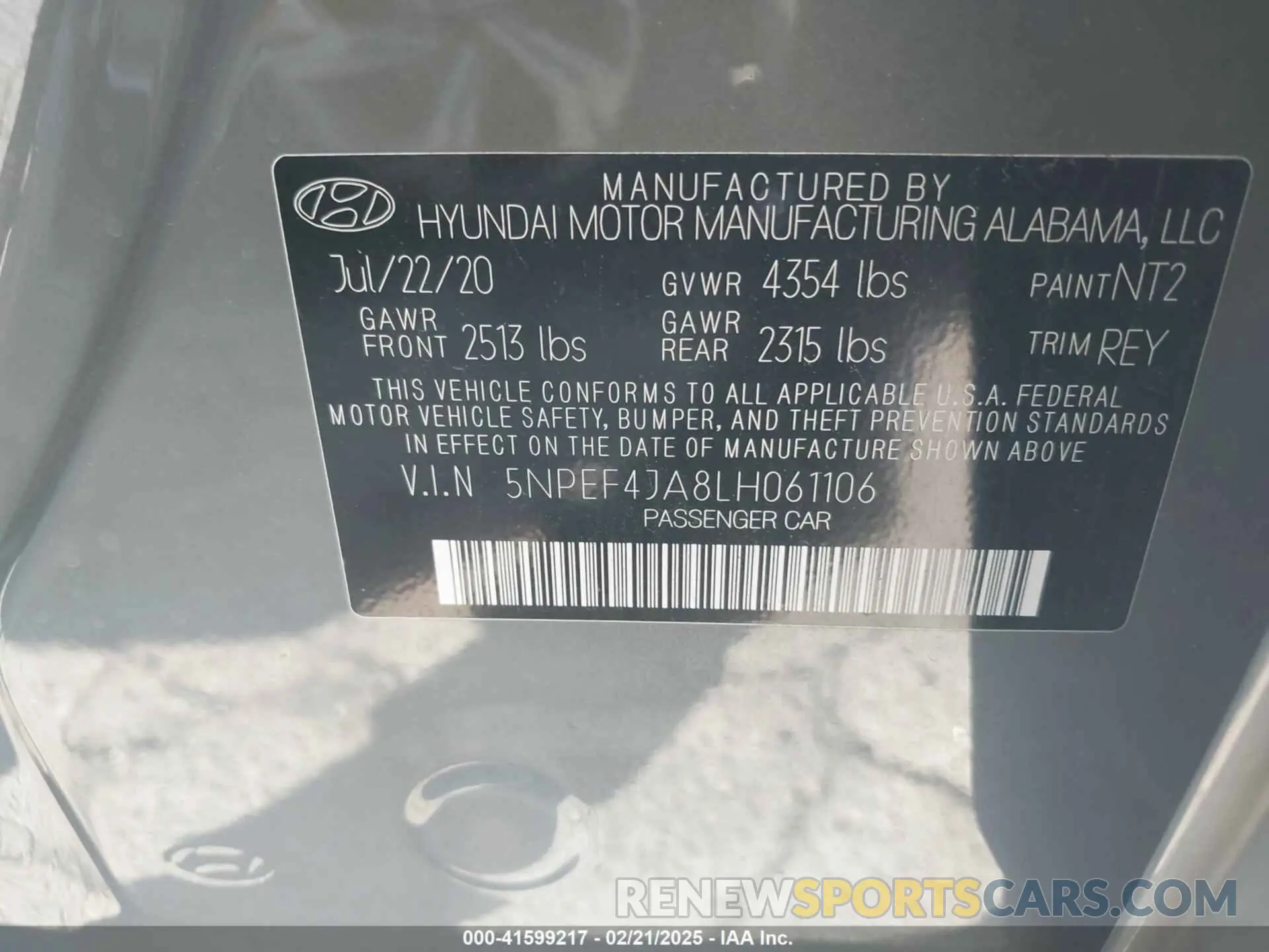 9 Photograph of a damaged car 5NPEF4JA8LH061106 HYUNDAI SONATA 2020