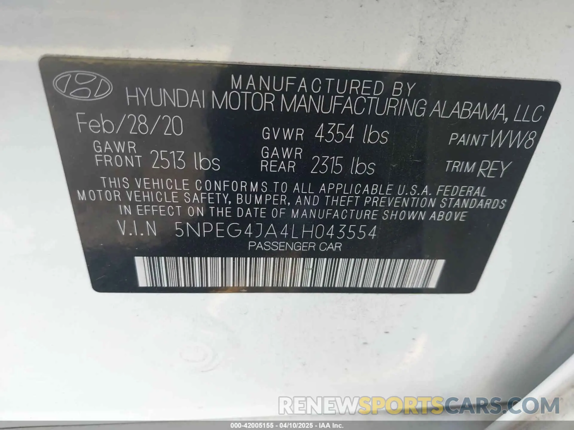 9 Photograph of a damaged car 5NPEG4JA4LH043554 HYUNDAI SONATA 2020