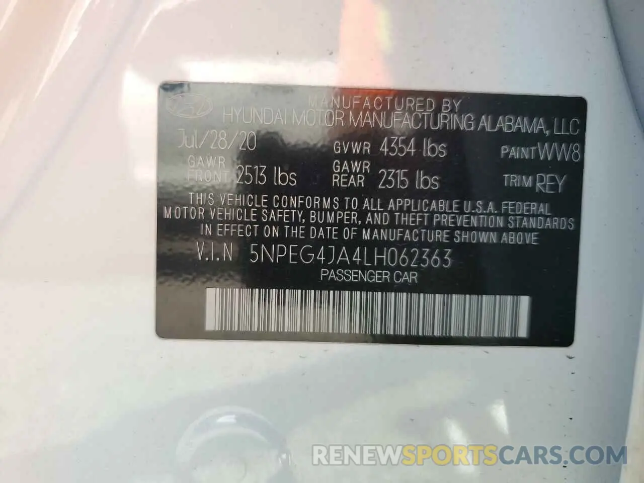13 Photograph of a damaged car 5NPEG4JA4LH062363 HYUNDAI SONATA 2020