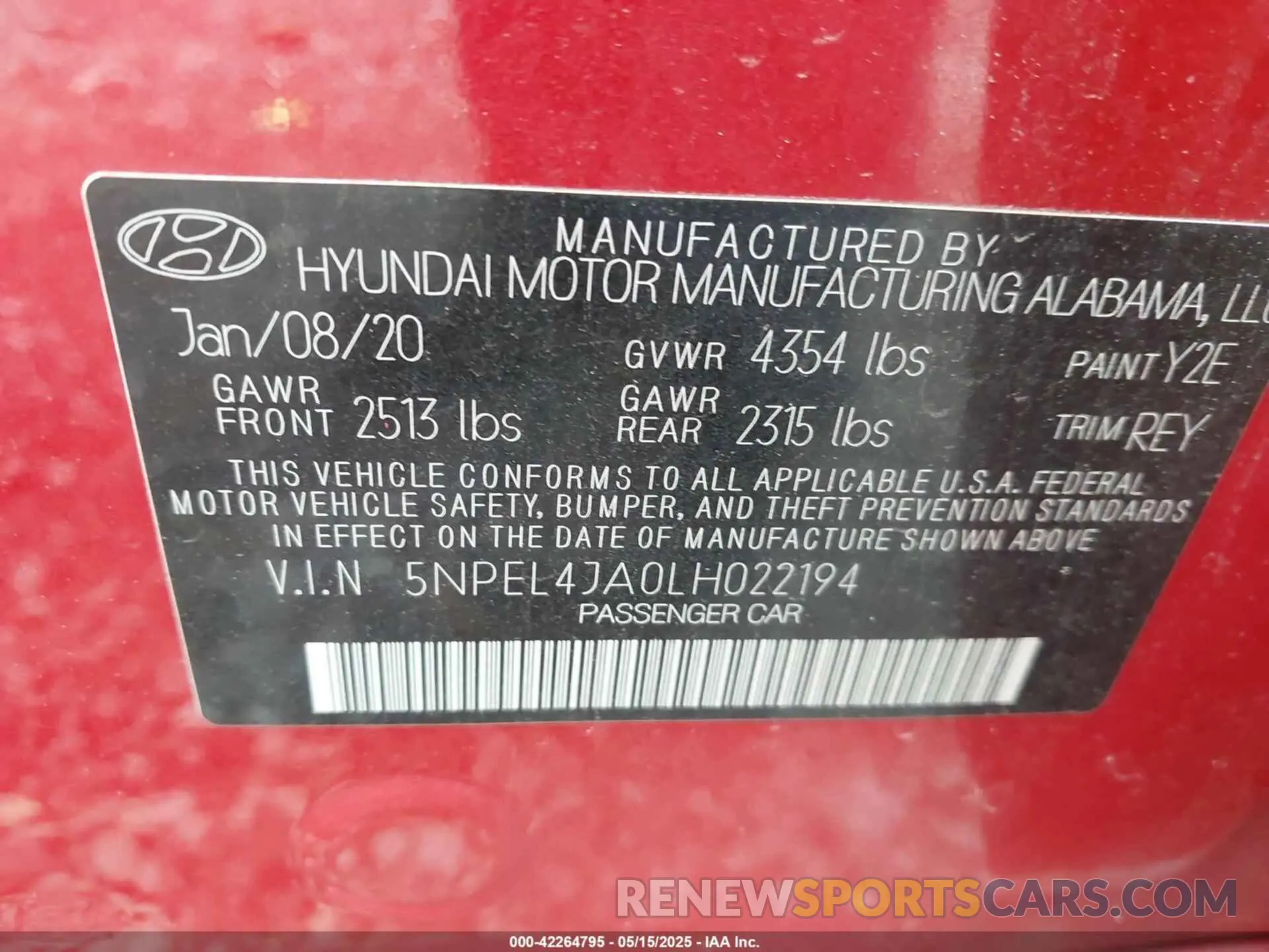 9 Photograph of a damaged car 5NPEL4JA0LH022194 HYUNDAI SONATA 2020