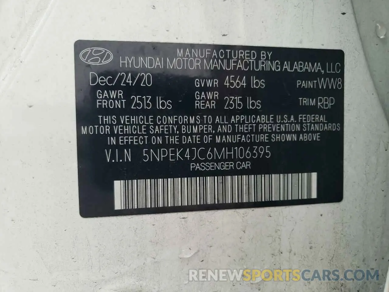 13 Photograph of a damaged car 5NPEK4JC6MH106395 HYUNDAI SONATA 2021