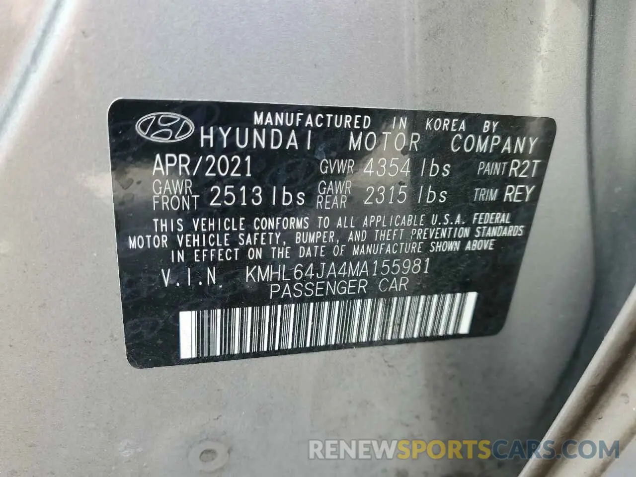 12 Photograph of a damaged car KMHL64JA4MA155981 HYUNDAI SONATA 2021