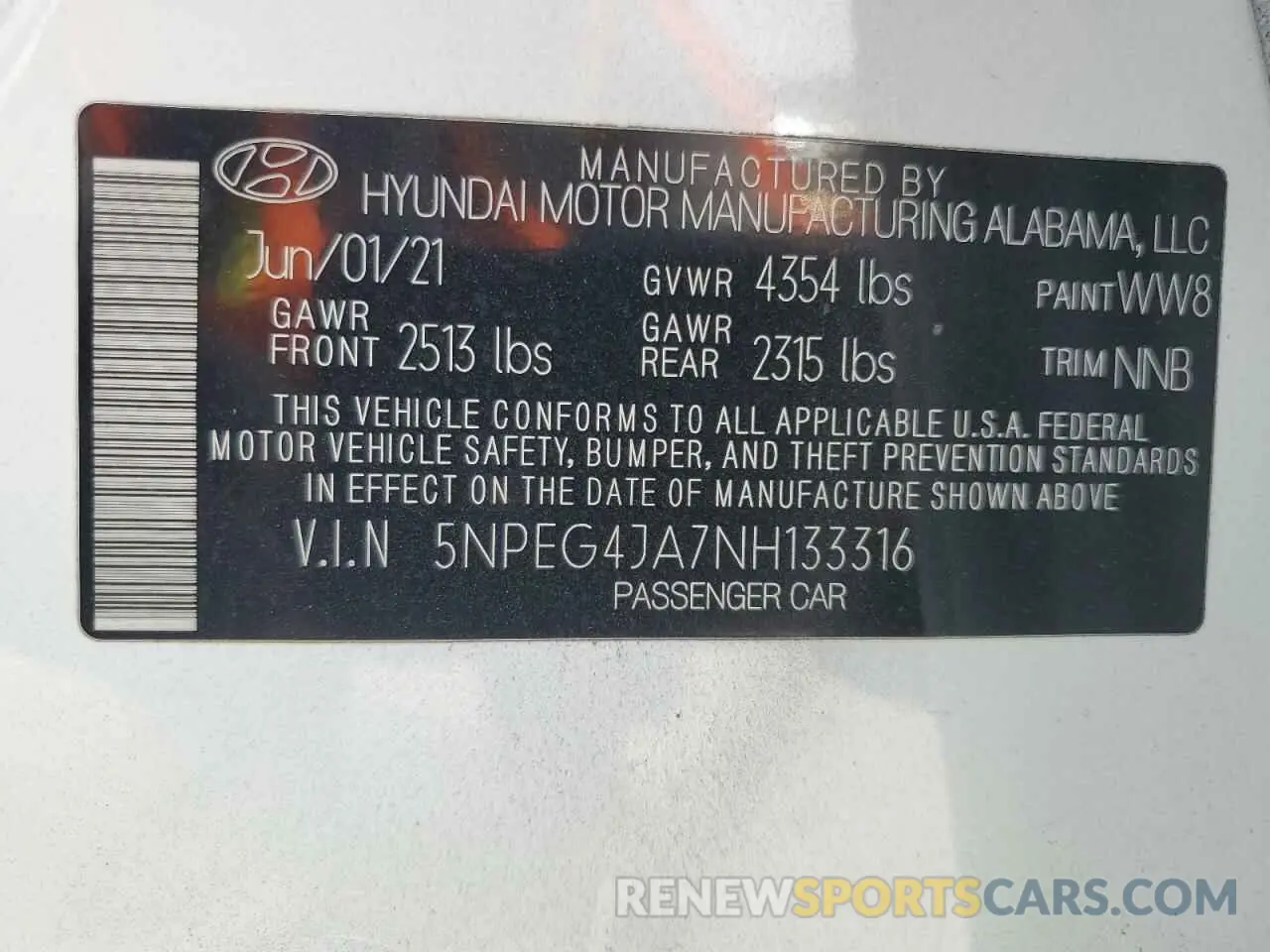 12 Photograph of a damaged car 5NPEG4JA7NH133316 HYUNDAI SONATA 2022