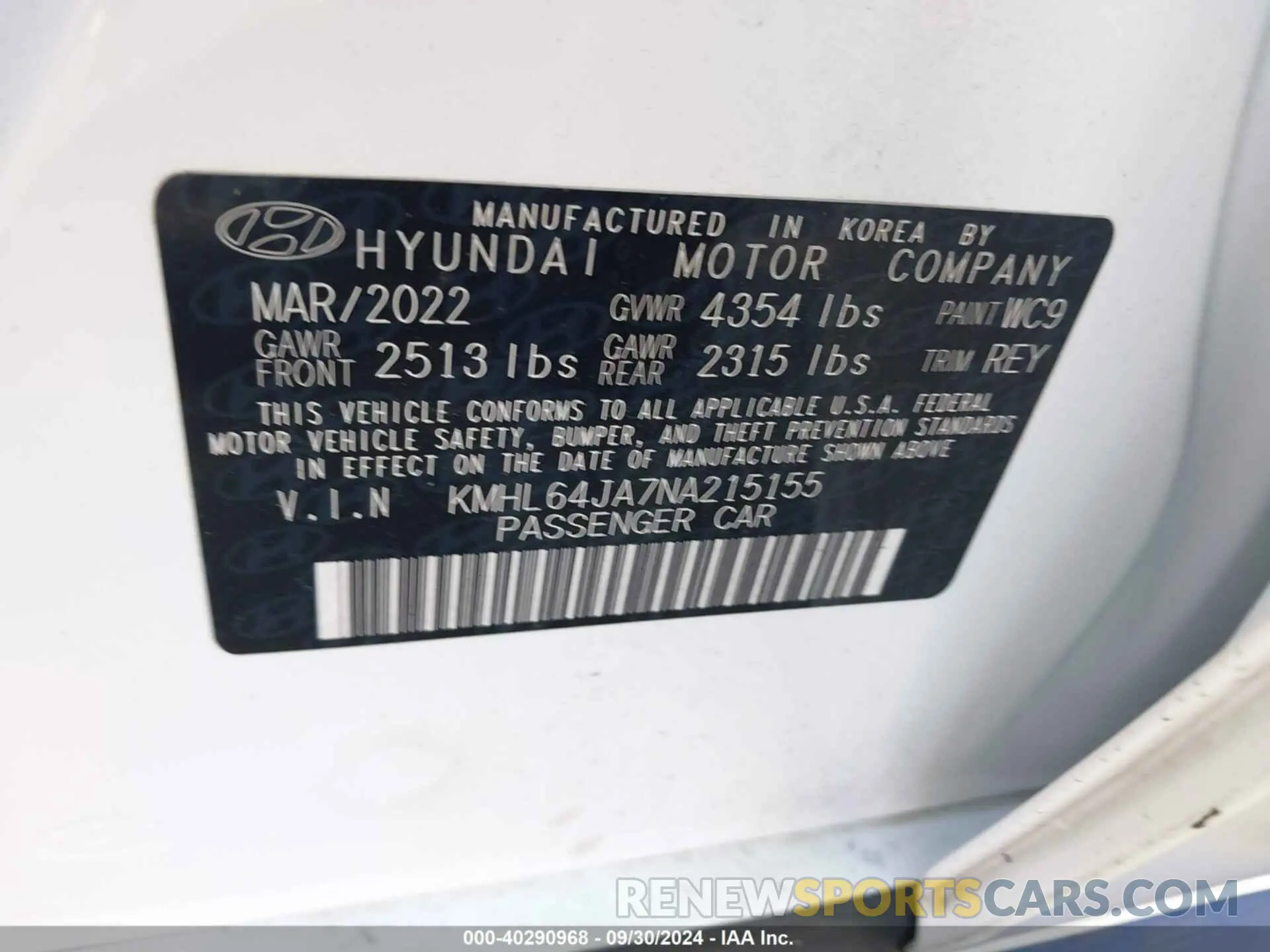 9 Photograph of a damaged car KMHL64JA7NA215155 HYUNDAI SONATA 2022