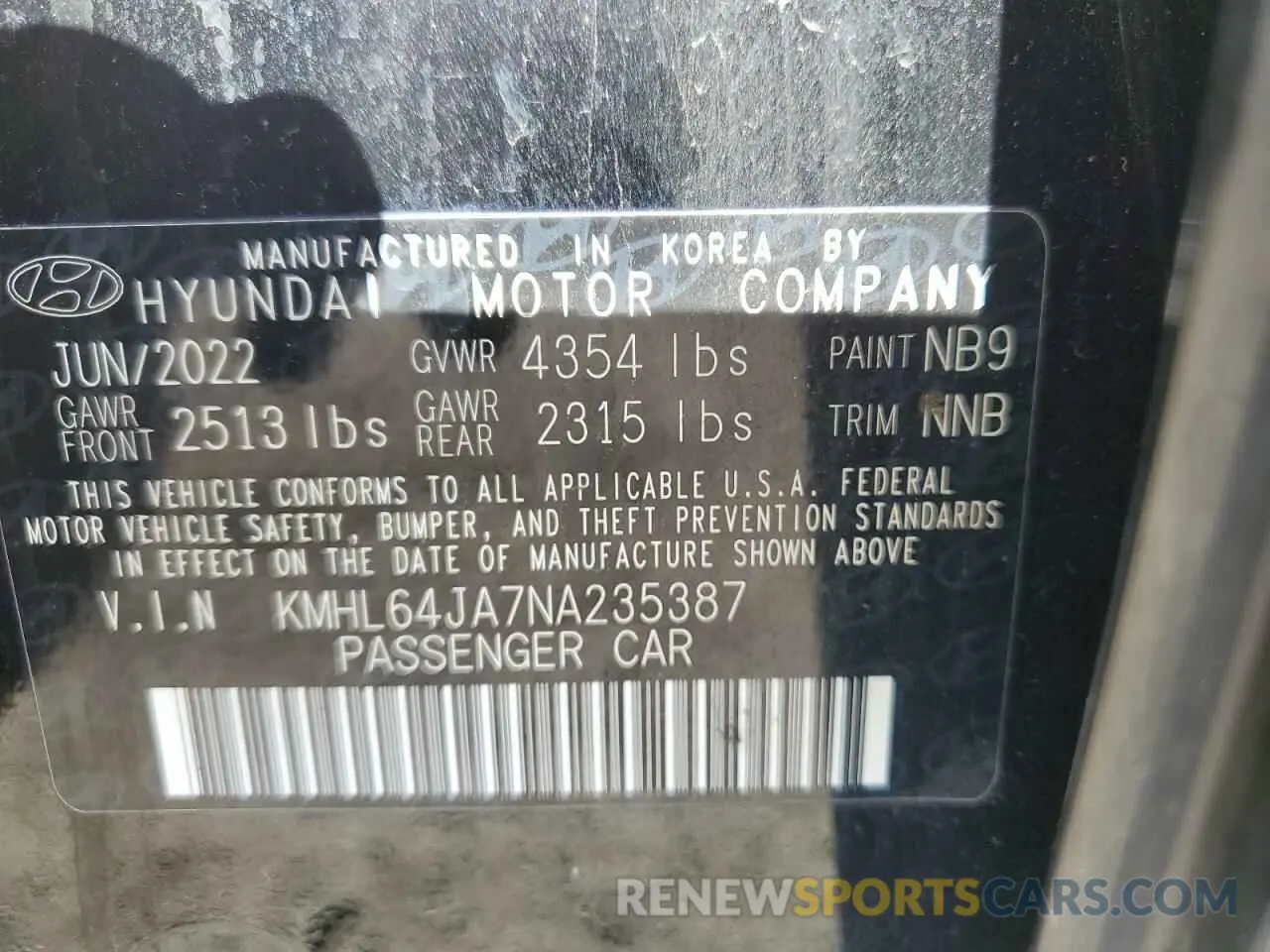 12 Photograph of a damaged car KMHL64JA7NA235387 HYUNDAI SONATA 2022