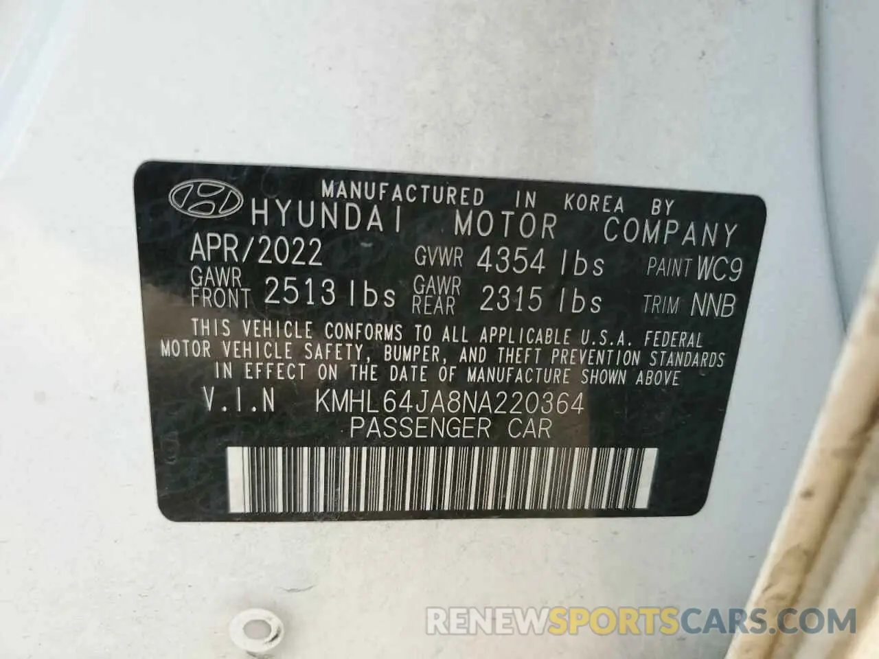 12 Photograph of a damaged car KMHL64JA8NA220364 HYUNDAI SONATA 2022