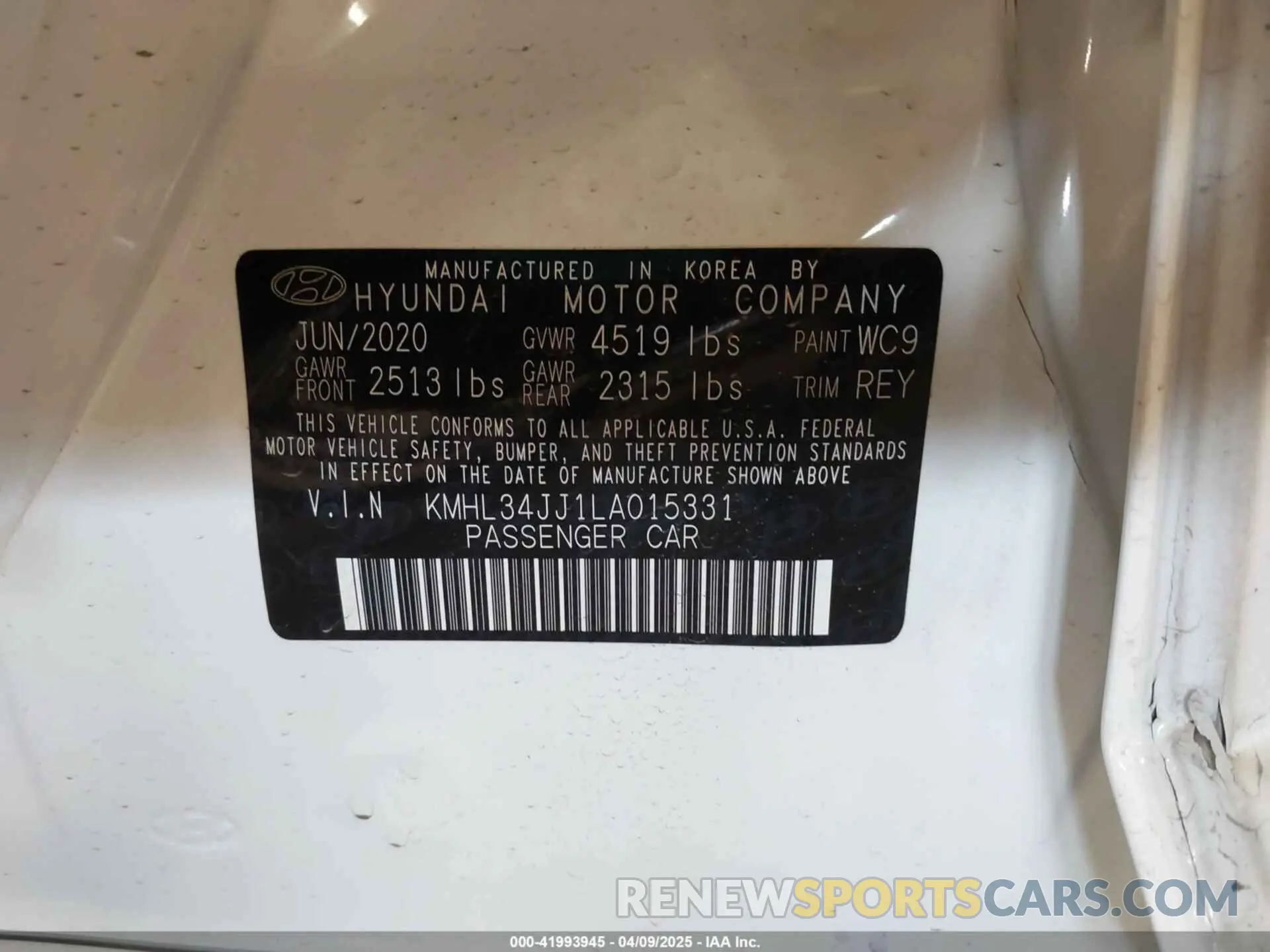 9 Photograph of a damaged car KMHL34JJ1LA015331 HYUNDAI SONATA HYBRID 2020