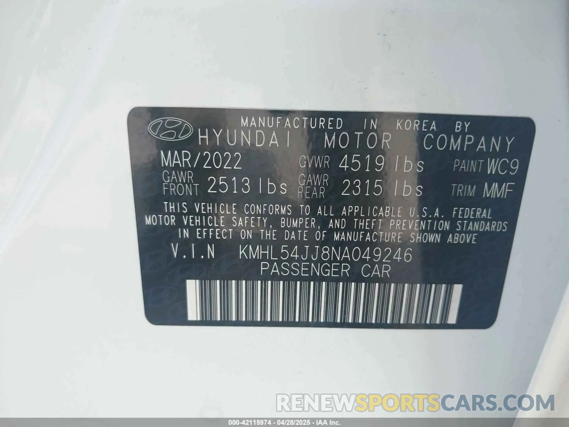 9 Photograph of a damaged car KMHL54JJ8NA049246 HYUNDAI SONATA HYBRID 2022