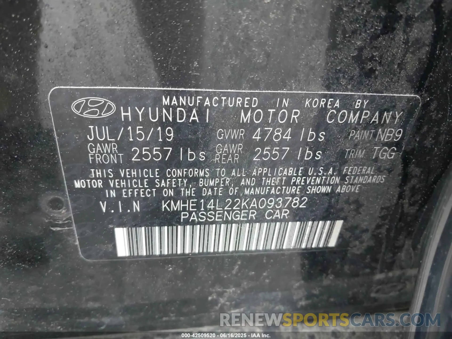 9 Photograph of a damaged car KMHE14L22KA093782 HYUNDAI SONATA PLUG-IN HYBRID 2019