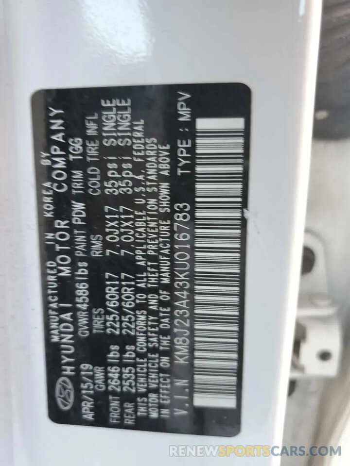 13 Фотография поврежденного автомобиля KM8J23A43KU016783 HYUNDAI TUCSON 2019