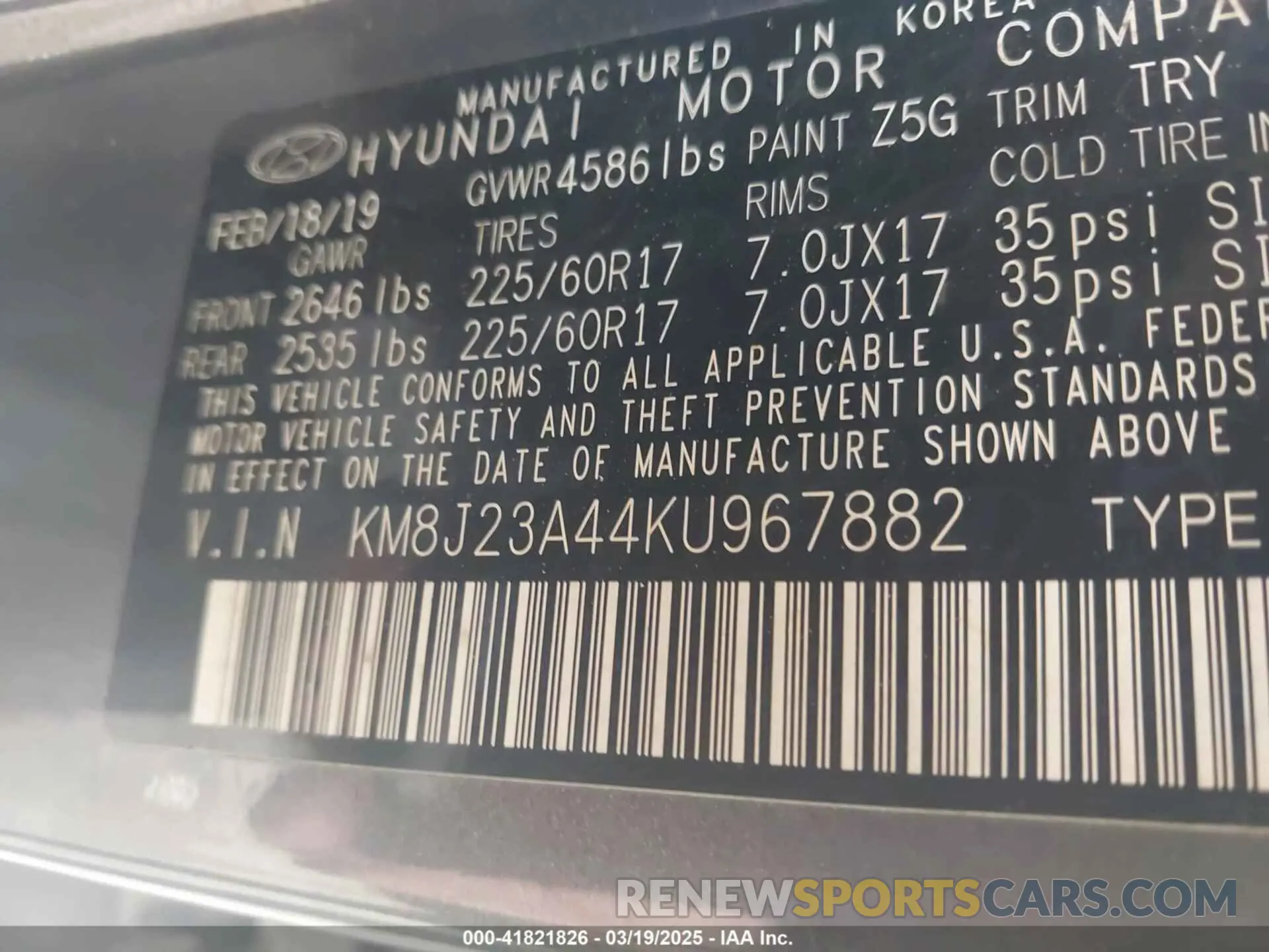9 Фотография поврежденного автомобиля KM8J23A44KU967882 HYUNDAI TUCSON 2019