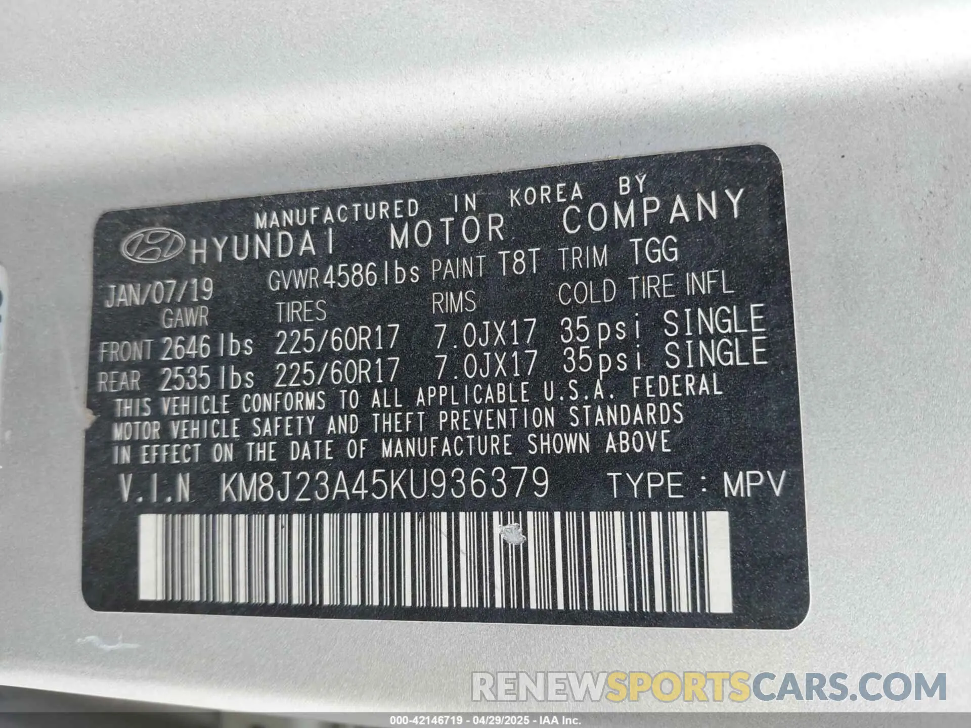 9 Фотография поврежденного автомобиля KM8J23A45KU936379 HYUNDAI TUCSON 2019
