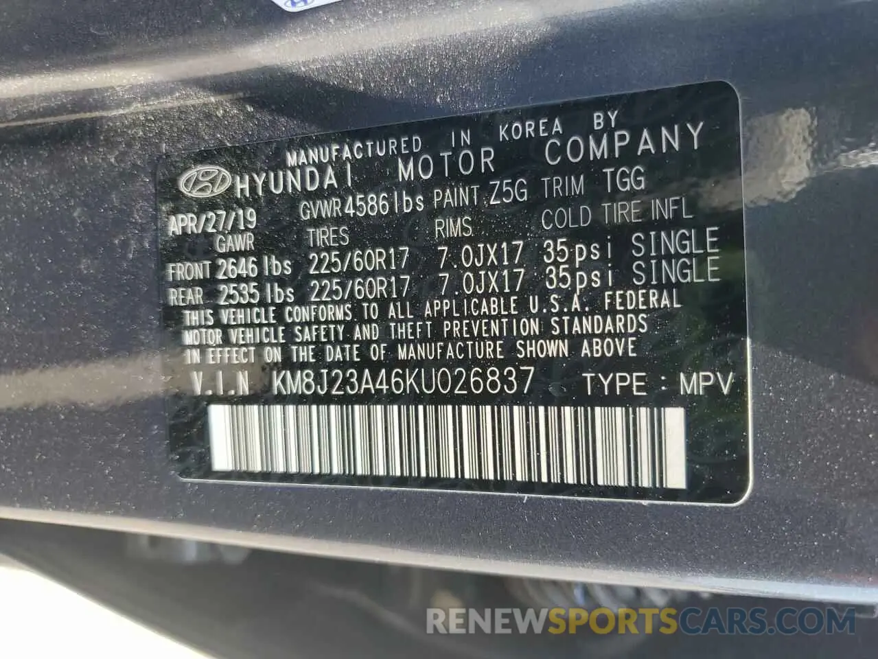 13 Фотография поврежденного автомобиля KM8J23A46KU026837 HYUNDAI TUCSON 2019