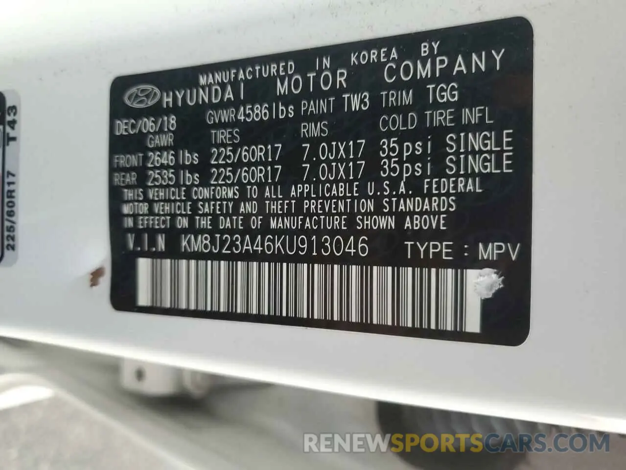 13 Фотография поврежденного автомобиля KM8J23A46KU913046 HYUNDAI TUCSON 2019