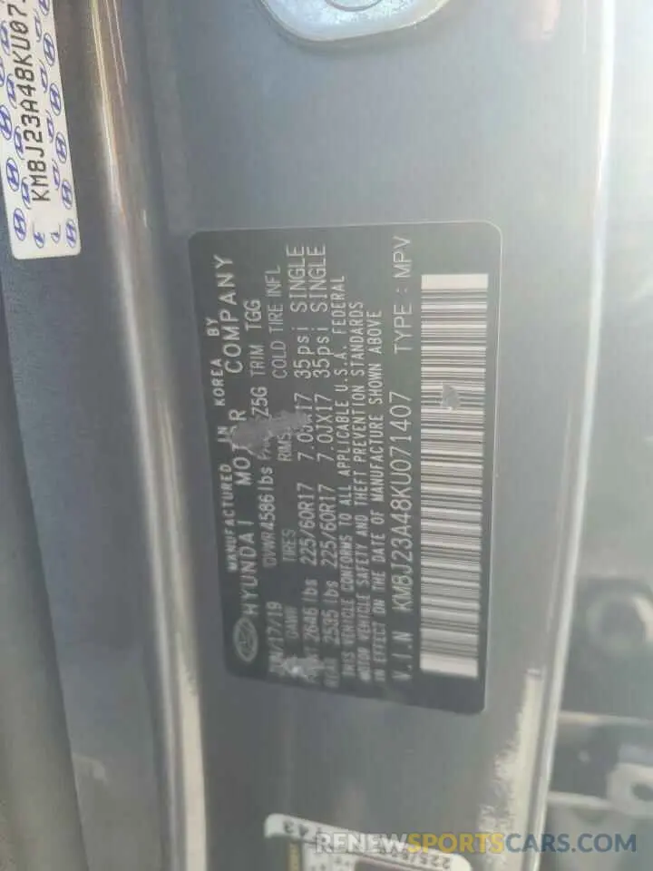 13 Фотография поврежденного автомобиля KM8J23A48KU071407 HYUNDAI TUCSON 2019