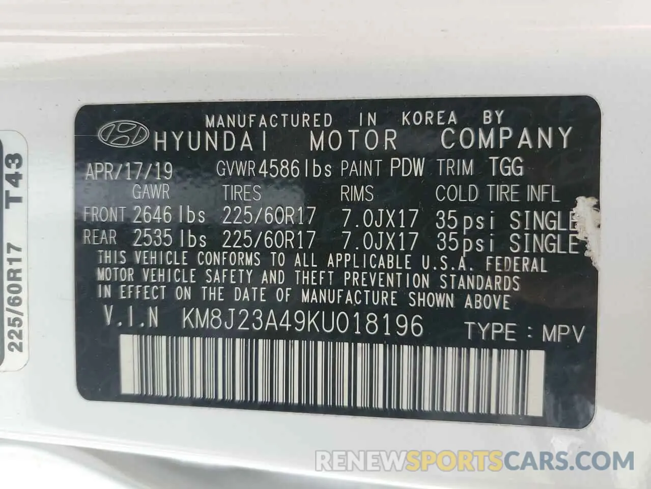 14 Photograph of a damaged car KM8J23A49KU018196 HYUNDAI TUCSON 2019