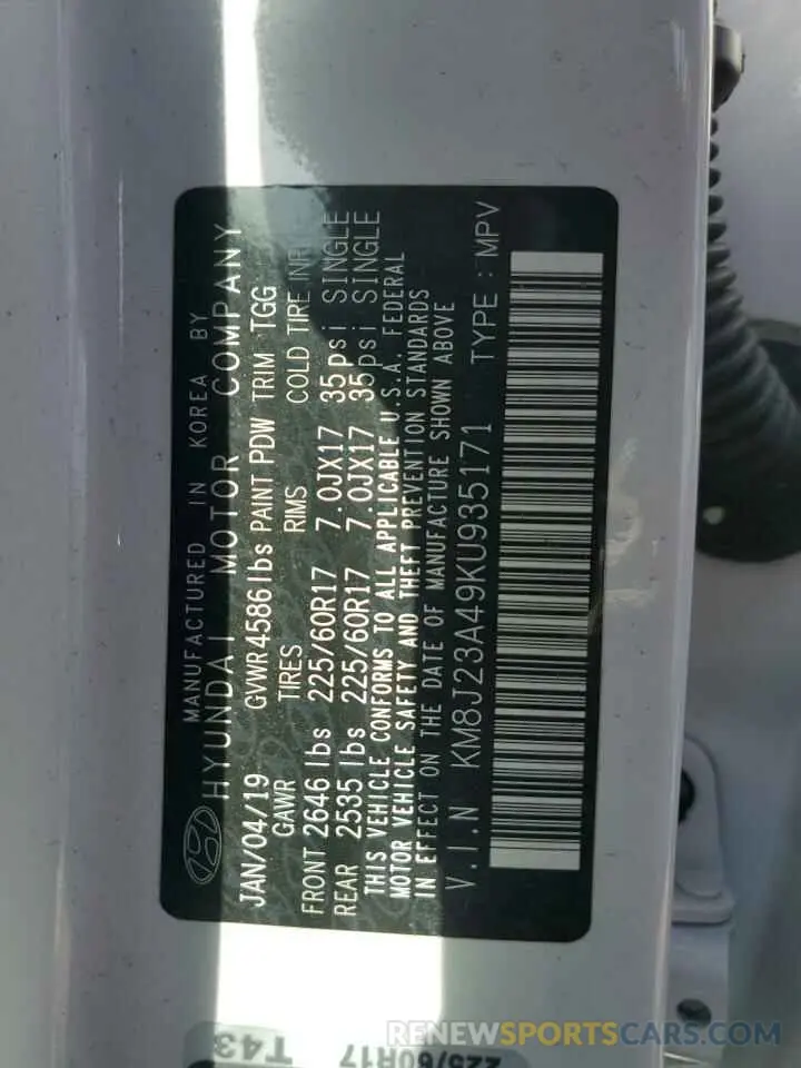 13 Photograph of a damaged car KM8J23A49KU935171 HYUNDAI TUCSON 2019