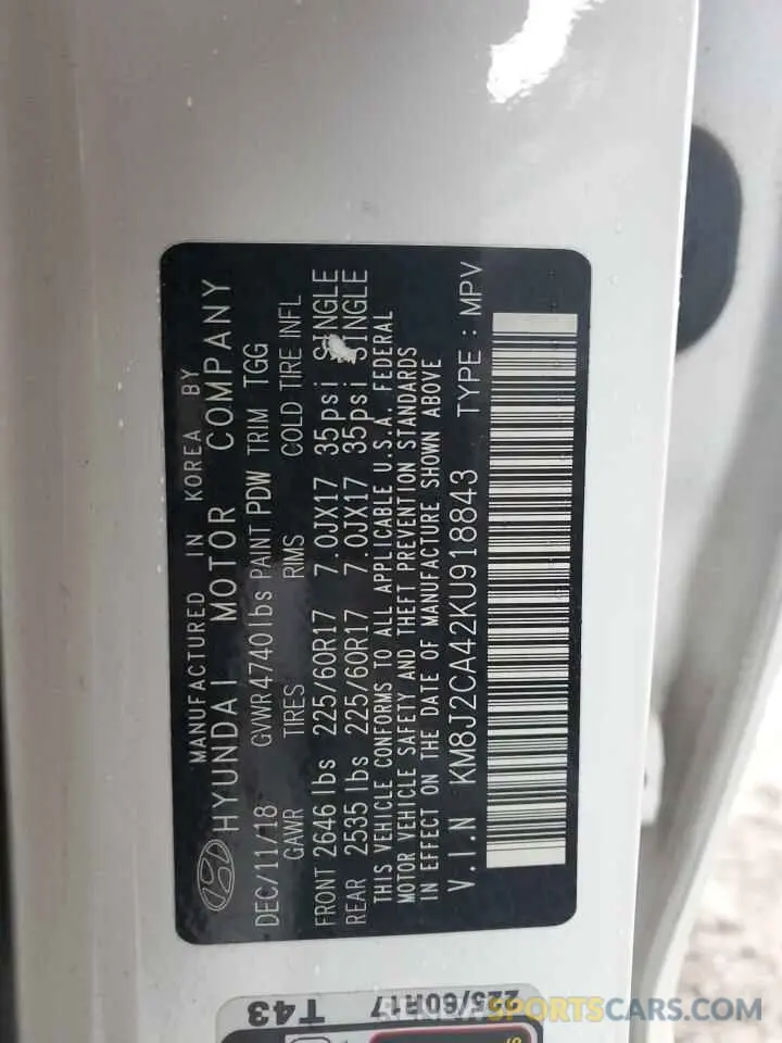12 Фотография поврежденного автомобиля KM8J2CA42KU918843 HYUNDAI TUCSON 2019