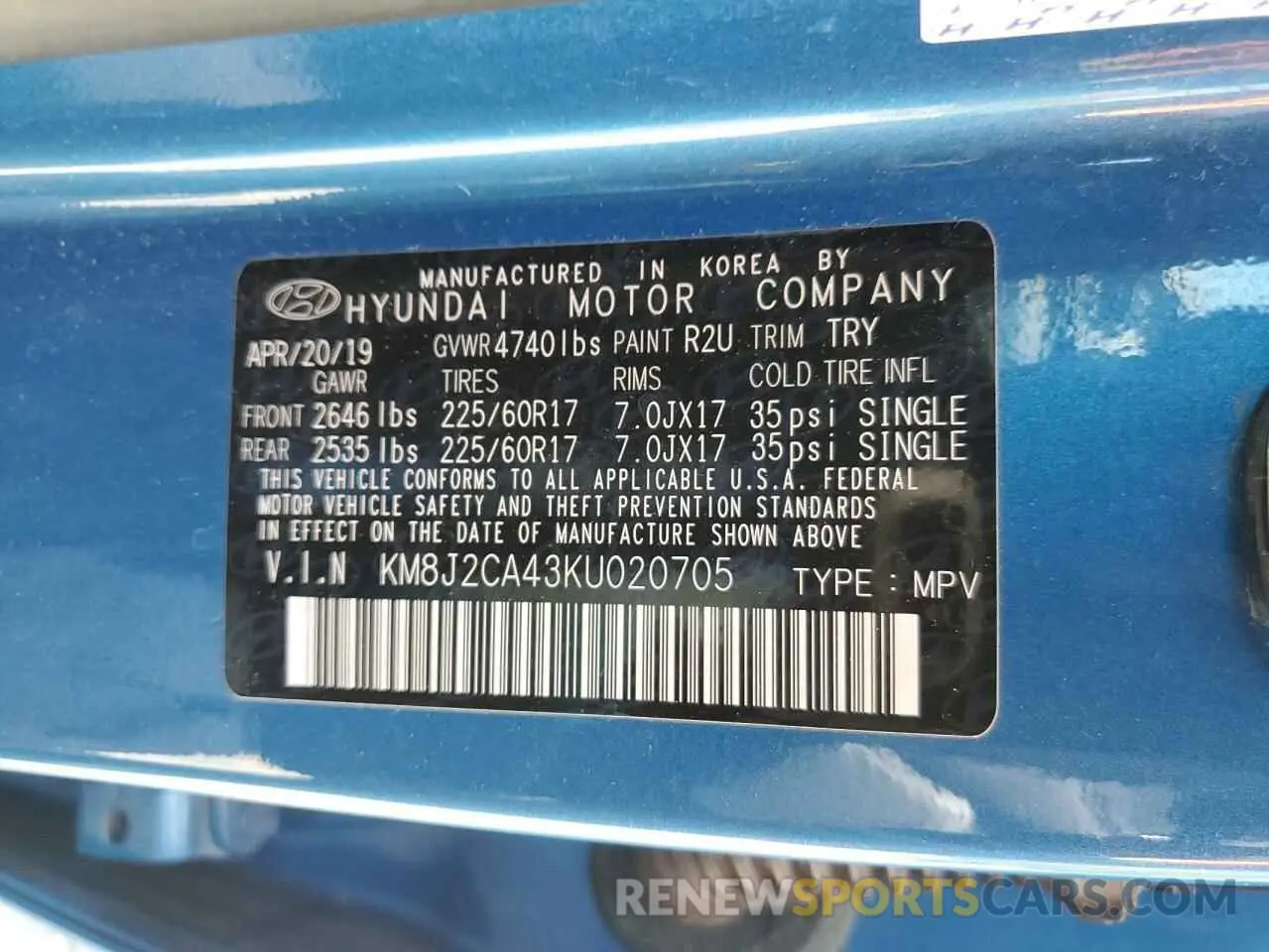 13 Photograph of a damaged car KM8J2CA43KU020705 HYUNDAI TUCSON 2019