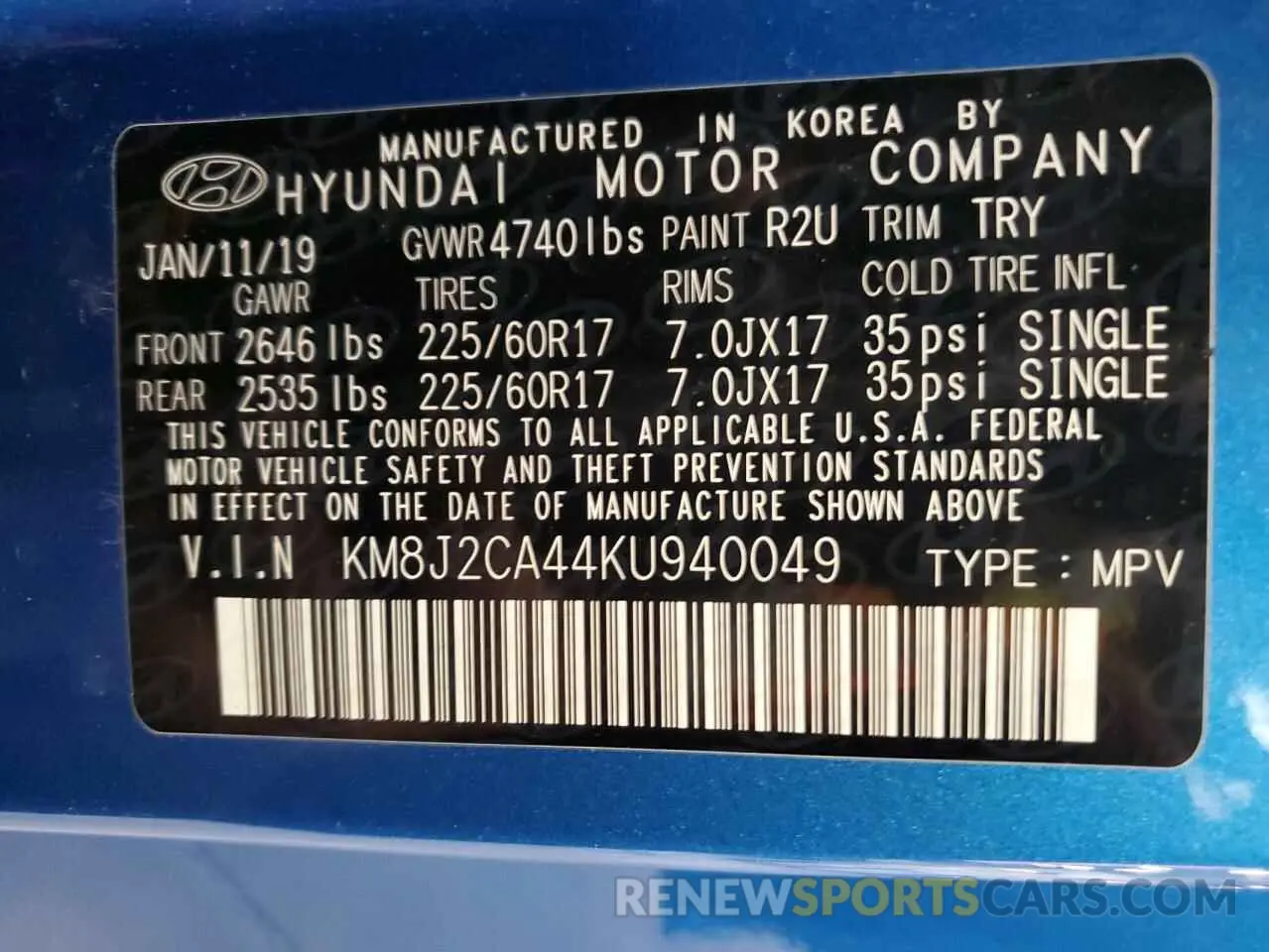 13 Фотография поврежденного автомобиля KM8J2CA44KU940049 HYUNDAI TUCSON 2019
